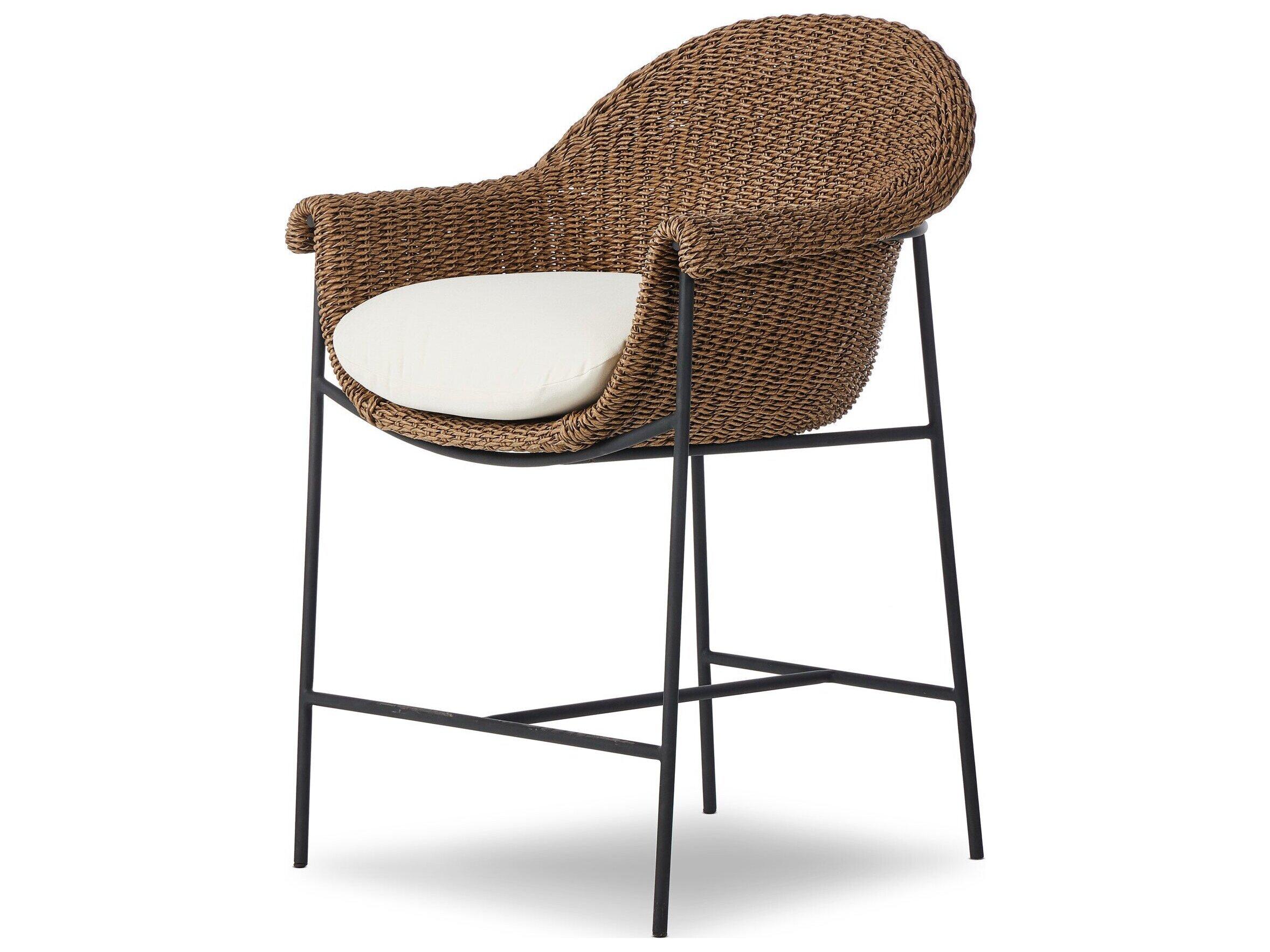 Four Hands Outdoor Grass Roots Suerte Iron Wicker Cushion Counter Stool in Arashi Salt