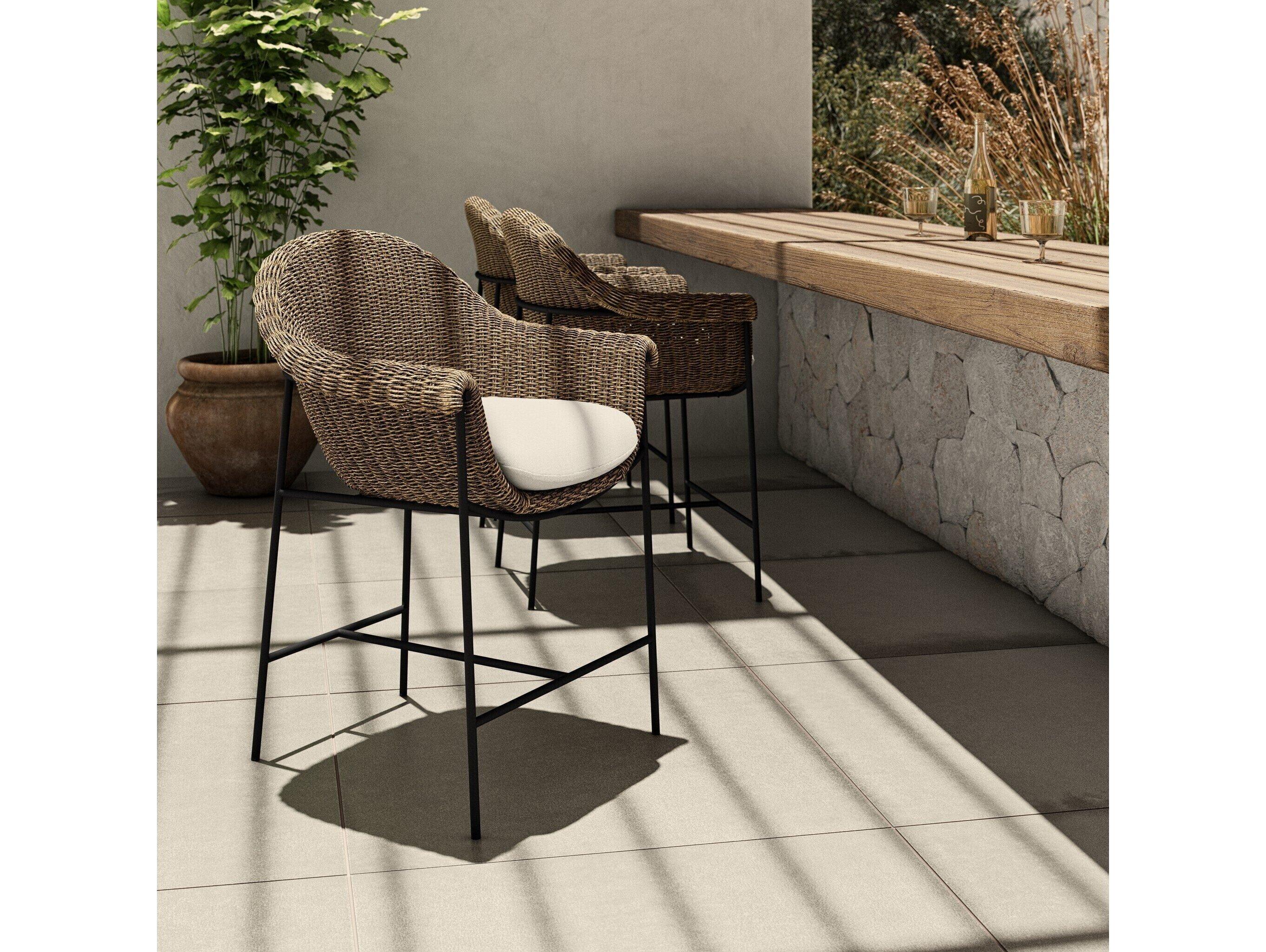 Four Hands Outdoor Grass Roots Suerte Iron Wicker Cushion Counter Stool in Arashi Salt