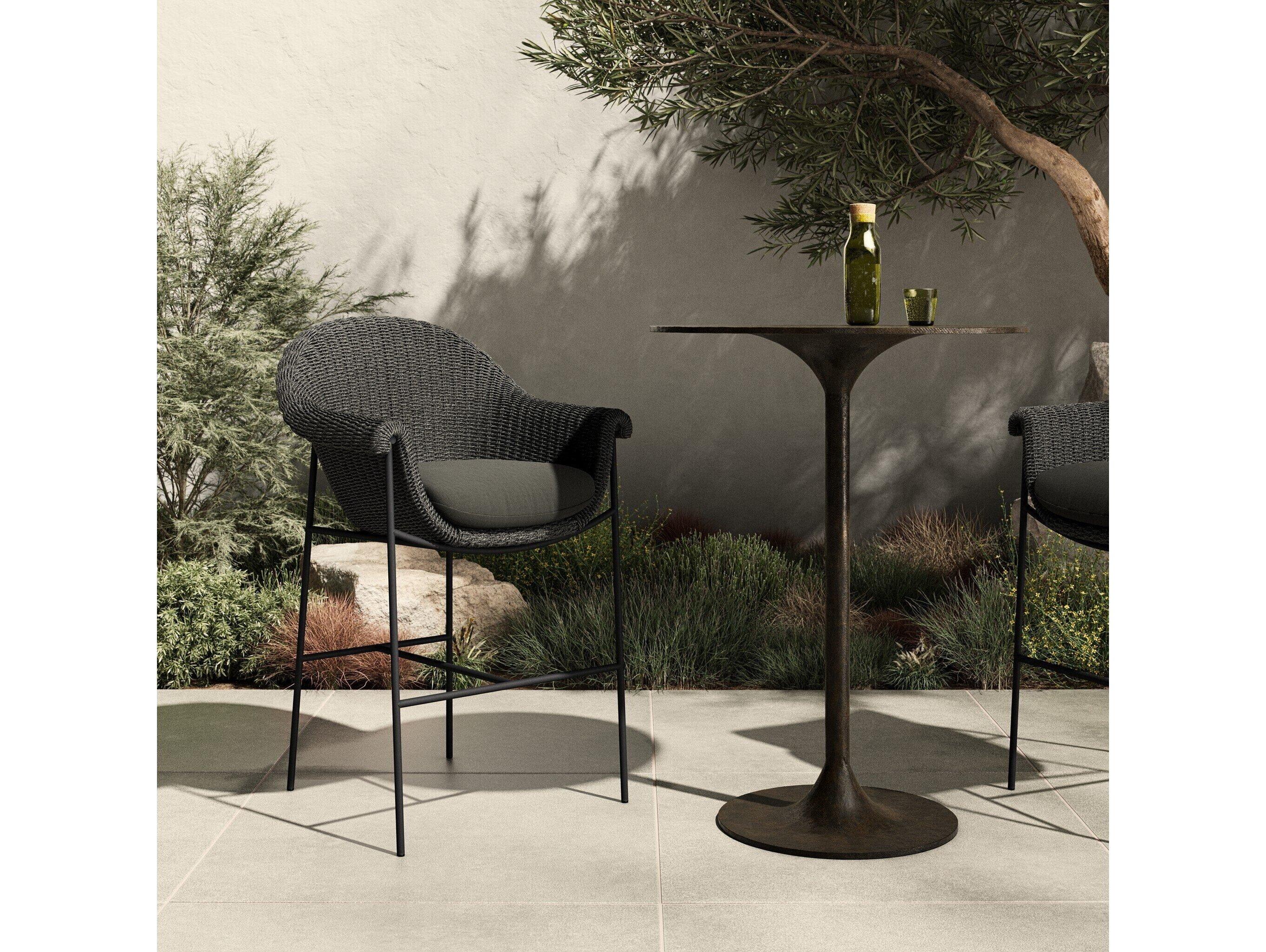 Four Hands Outdoor Grass Roots Suerte Iron Wicker Cushion Bar Stool in Arashi Ink