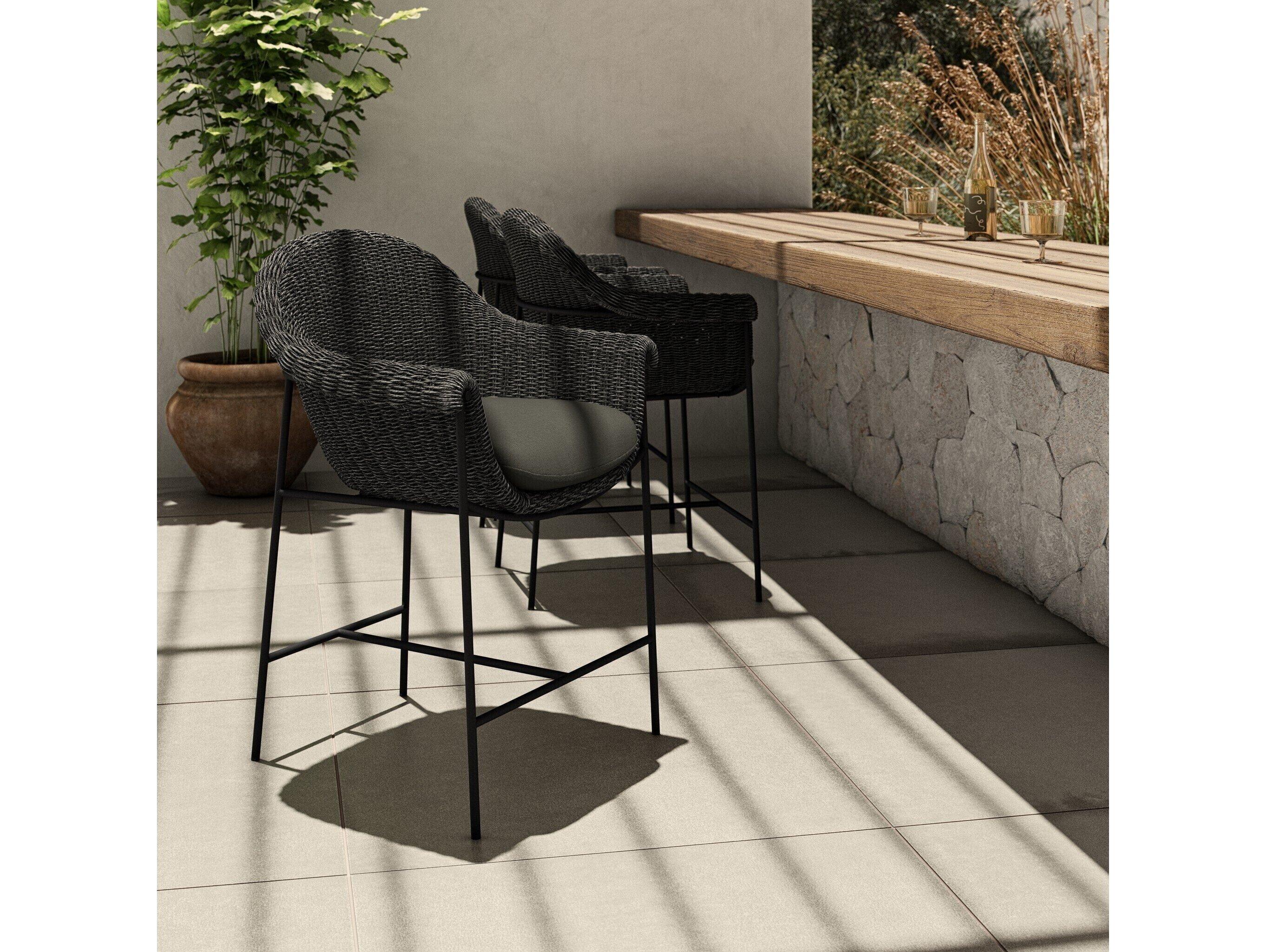 Four Hands Outdoor Grass Roots Suerte Iron Wicker Cushion Counter Stool in Arashi Ink