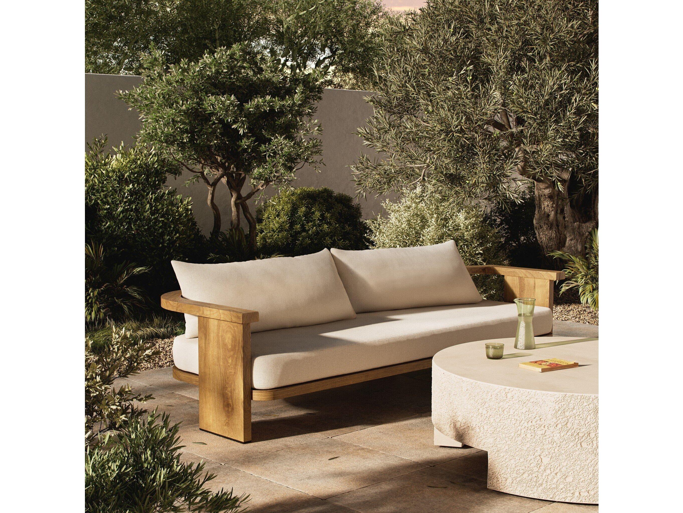 Four Hands Outdoor Solano Tahana Alessi Linen Stained Toasted Brown Teak Cushion Sofa