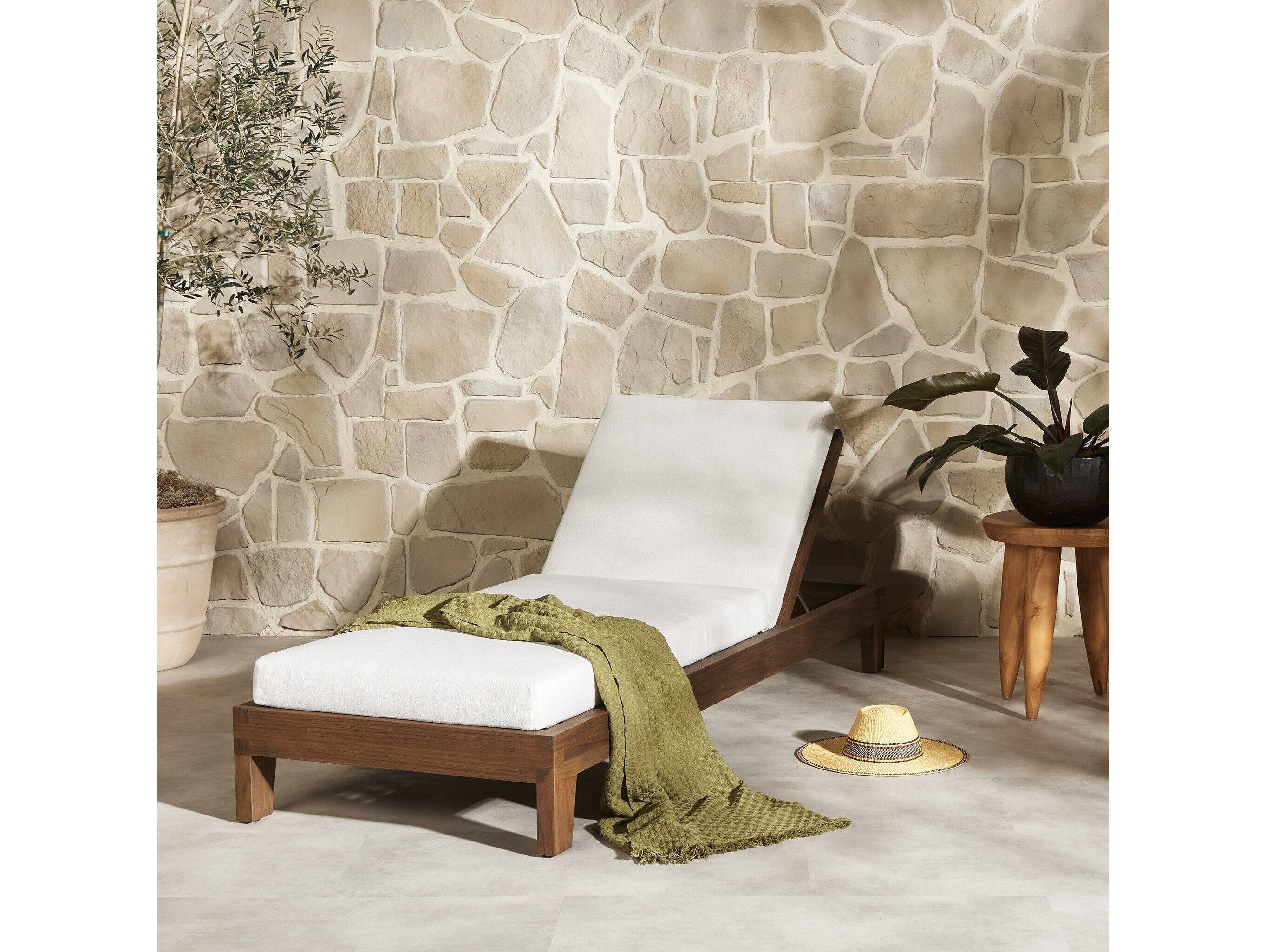 Four Hands Outdoor Solano Verona Toasted Brown Teak Cushion Chaise Lounge in Alessi Linen