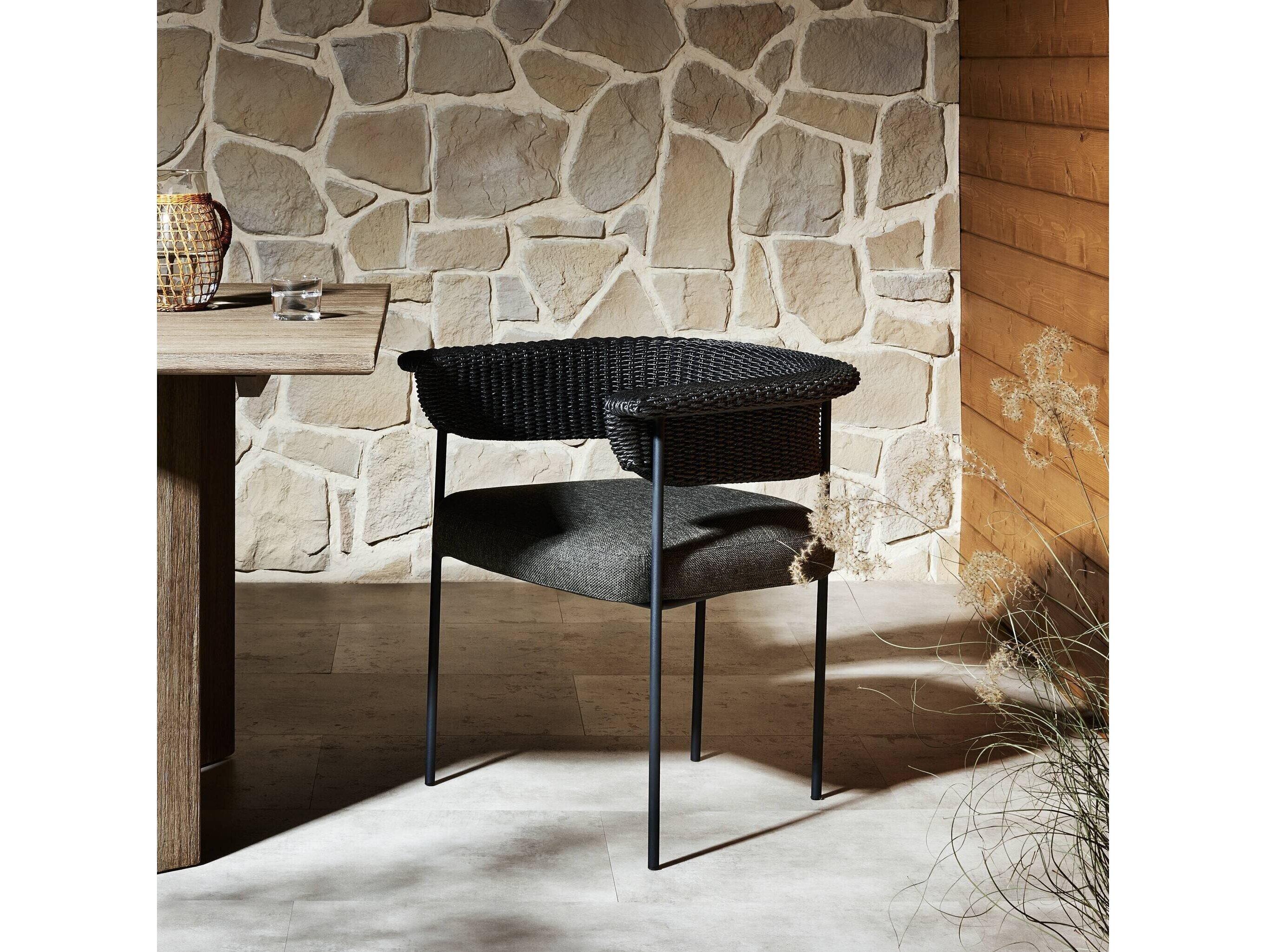 Four Hands Outdoor Grass Roots Carrie Ellor Black Charcoal Iron Faux Hyacinth Polypropylene Cushion Dining Chair