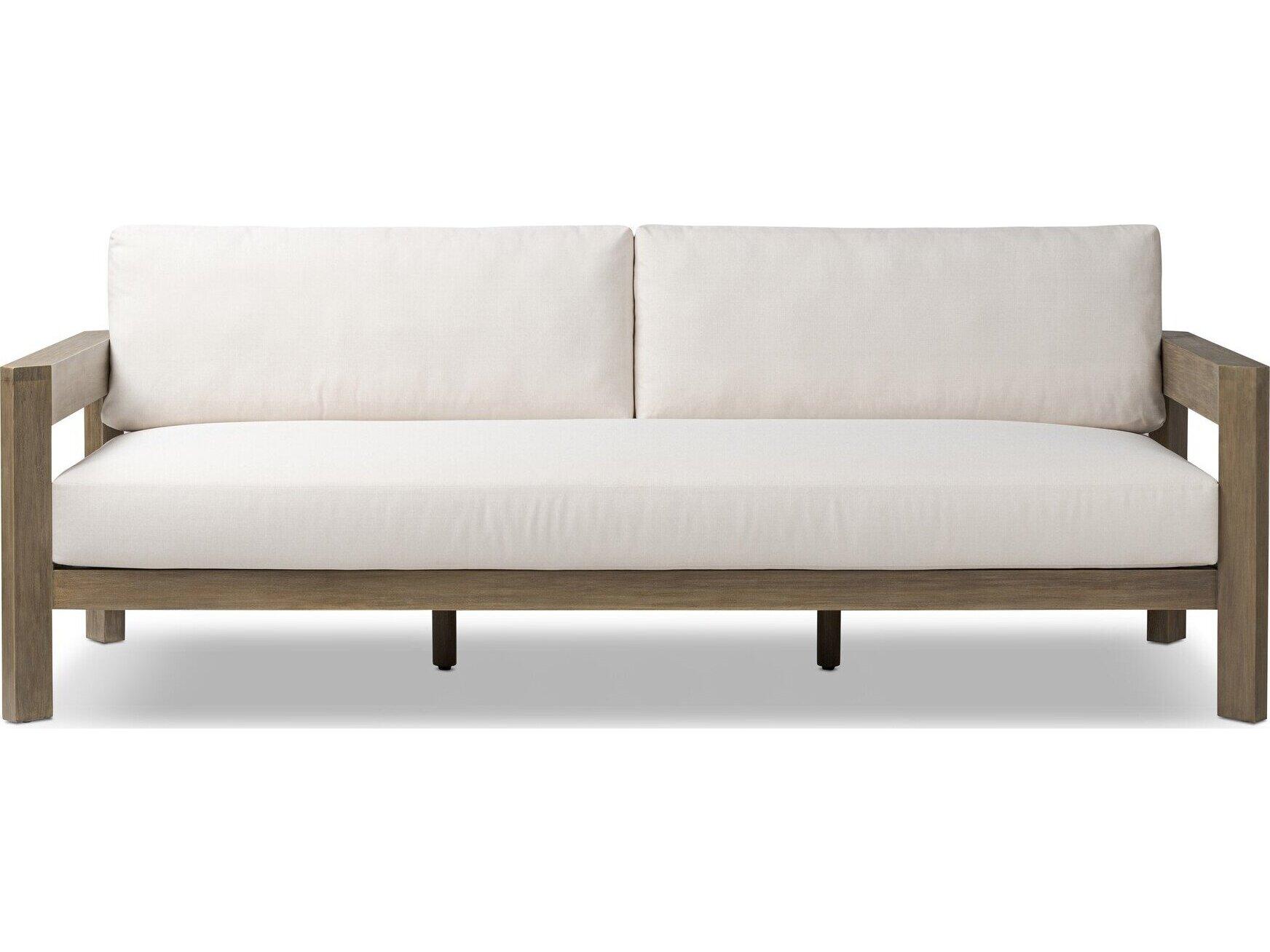 Four Hands Outdoor Halsted Milford Natural Wood Cushion Sofa in Lakin Oat