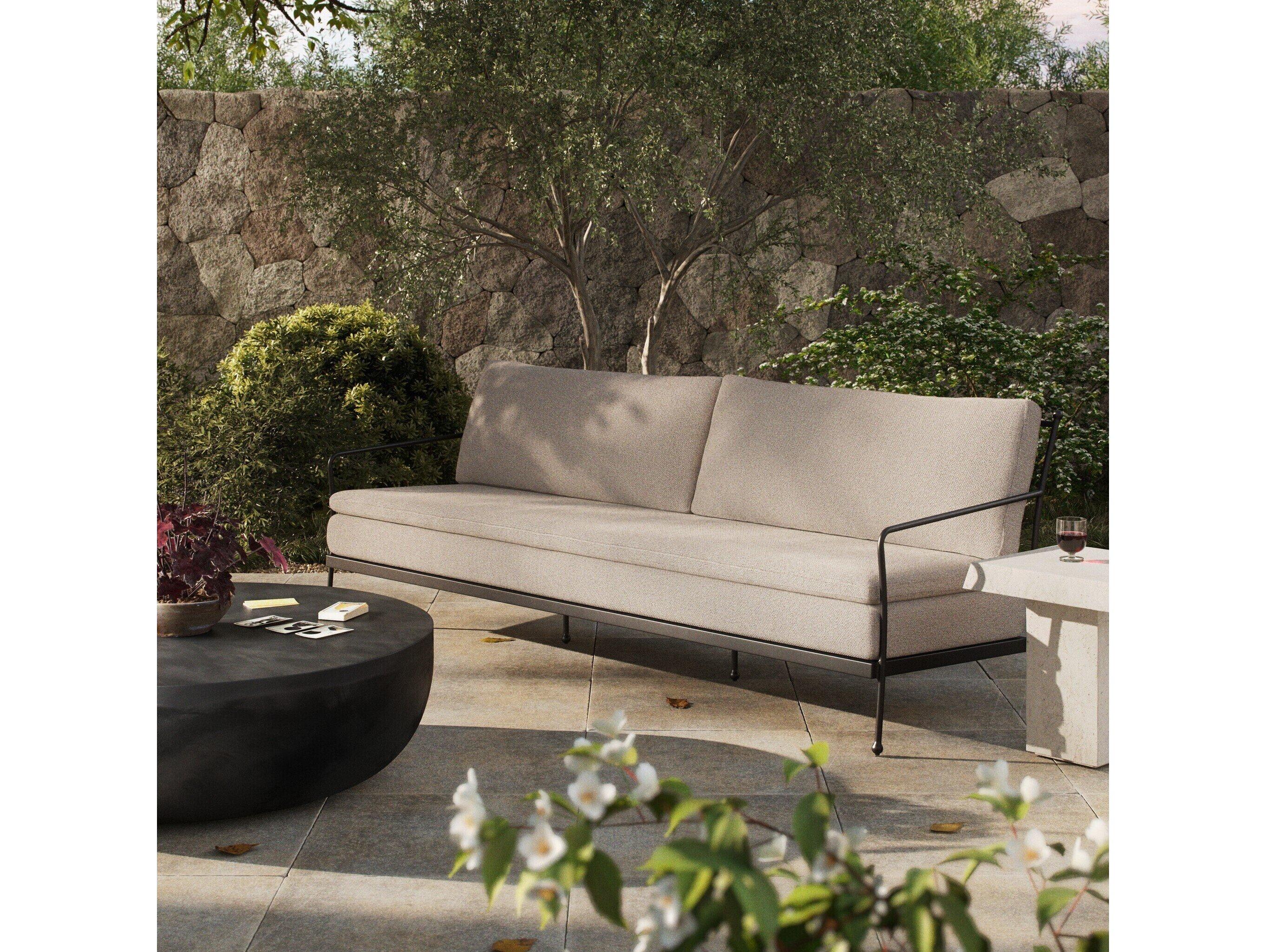 Four Hands Outdoor Westgate Tally Matte Gunmetal Aluminum Cushion Sofa in Ramiro Ecru