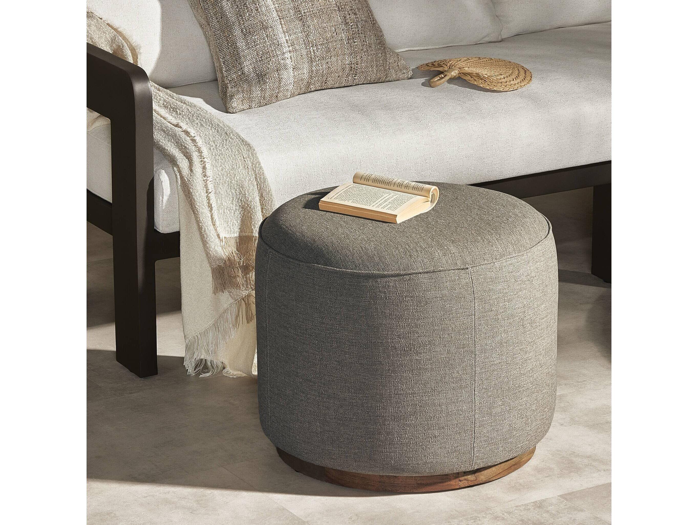 Four Hands Outdoor Garwood Sinclair Teak Cushion Ottoman in Alessi Fawn