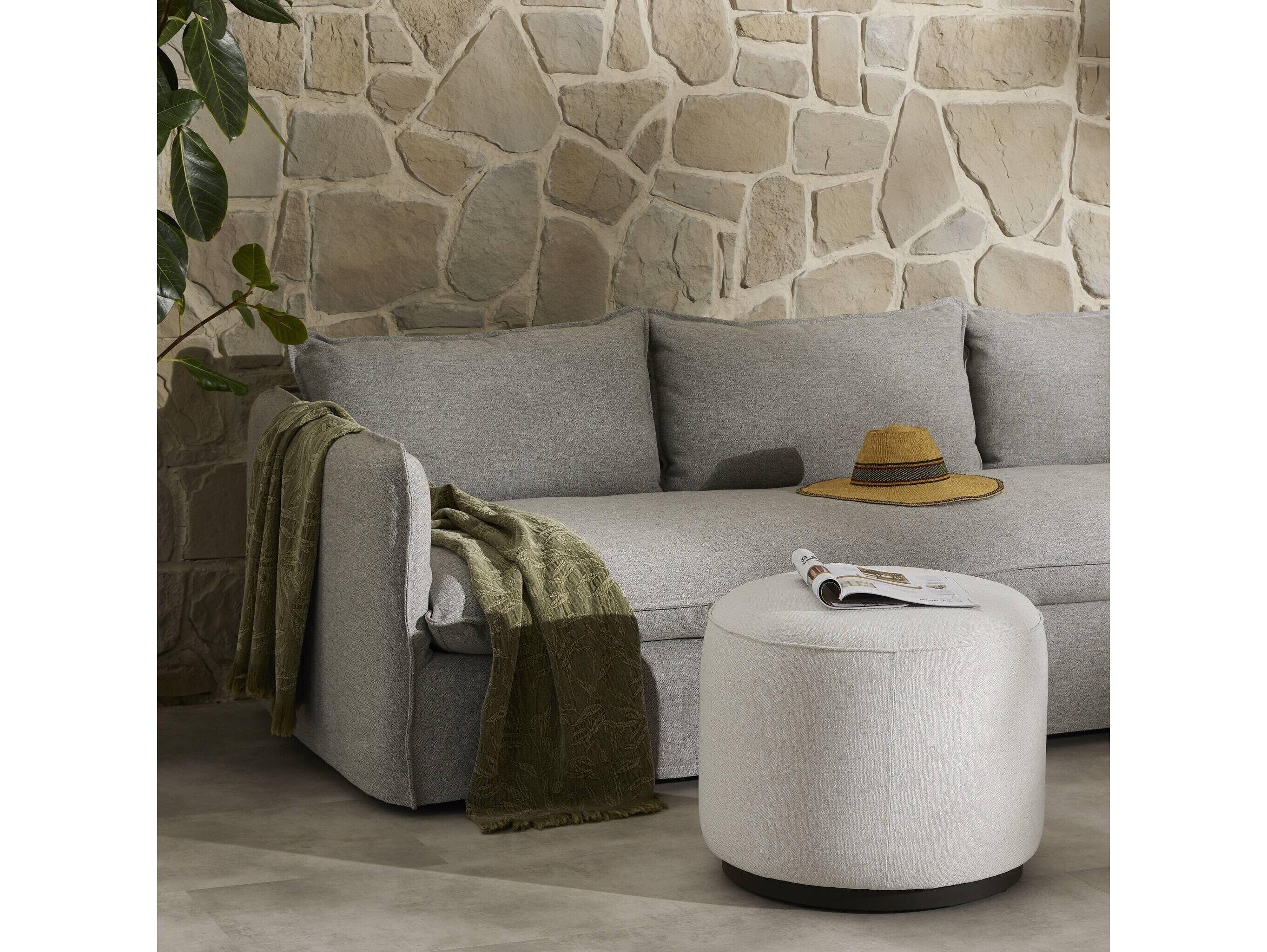 Four Hands Outdoor Garwood Sinclair Teak Cushion Ottoman in Alessi Linen