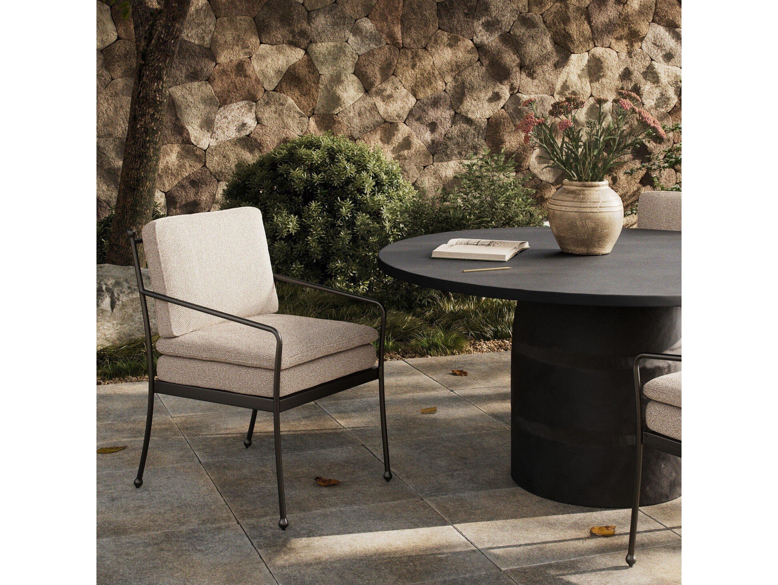 Four Hands Outdoor Westgate Tally Matte Gunmetal Aluminum Cushion Dining Arm Chair in Ramiro Ecru
