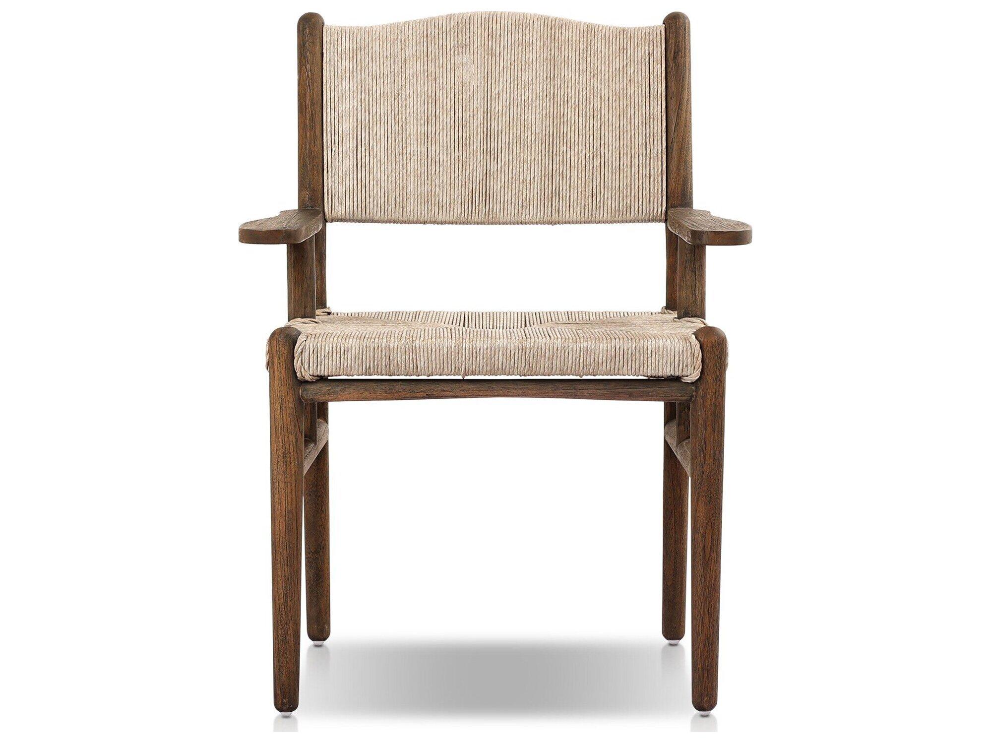 Four Hands Outdoor Grass Roots Herrin Teak Wicker Dining Arm Chair in Vintage White