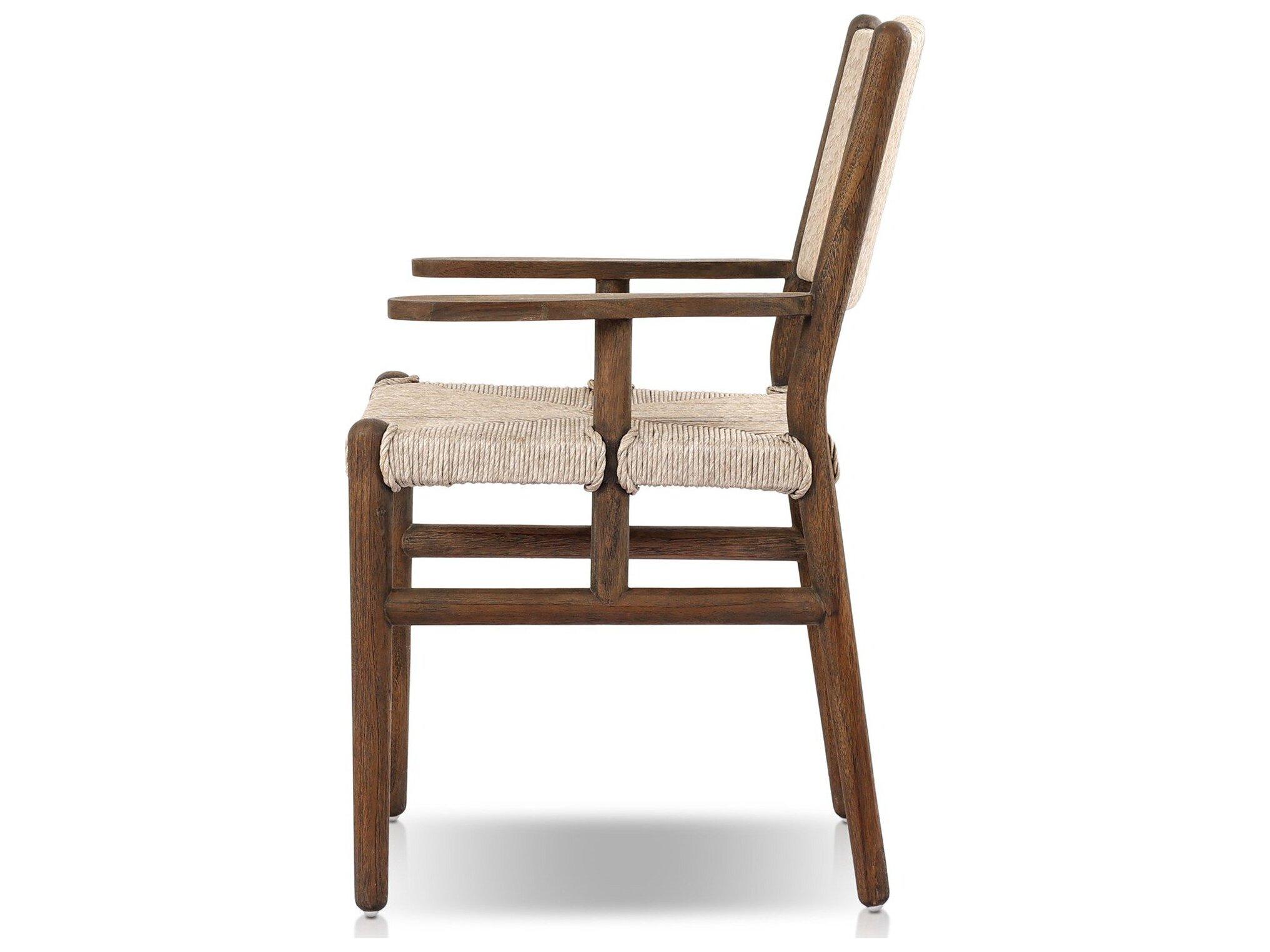 Four Hands Outdoor Grass Roots Herrin Teak Wicker Dining Arm Chair in Vintage White