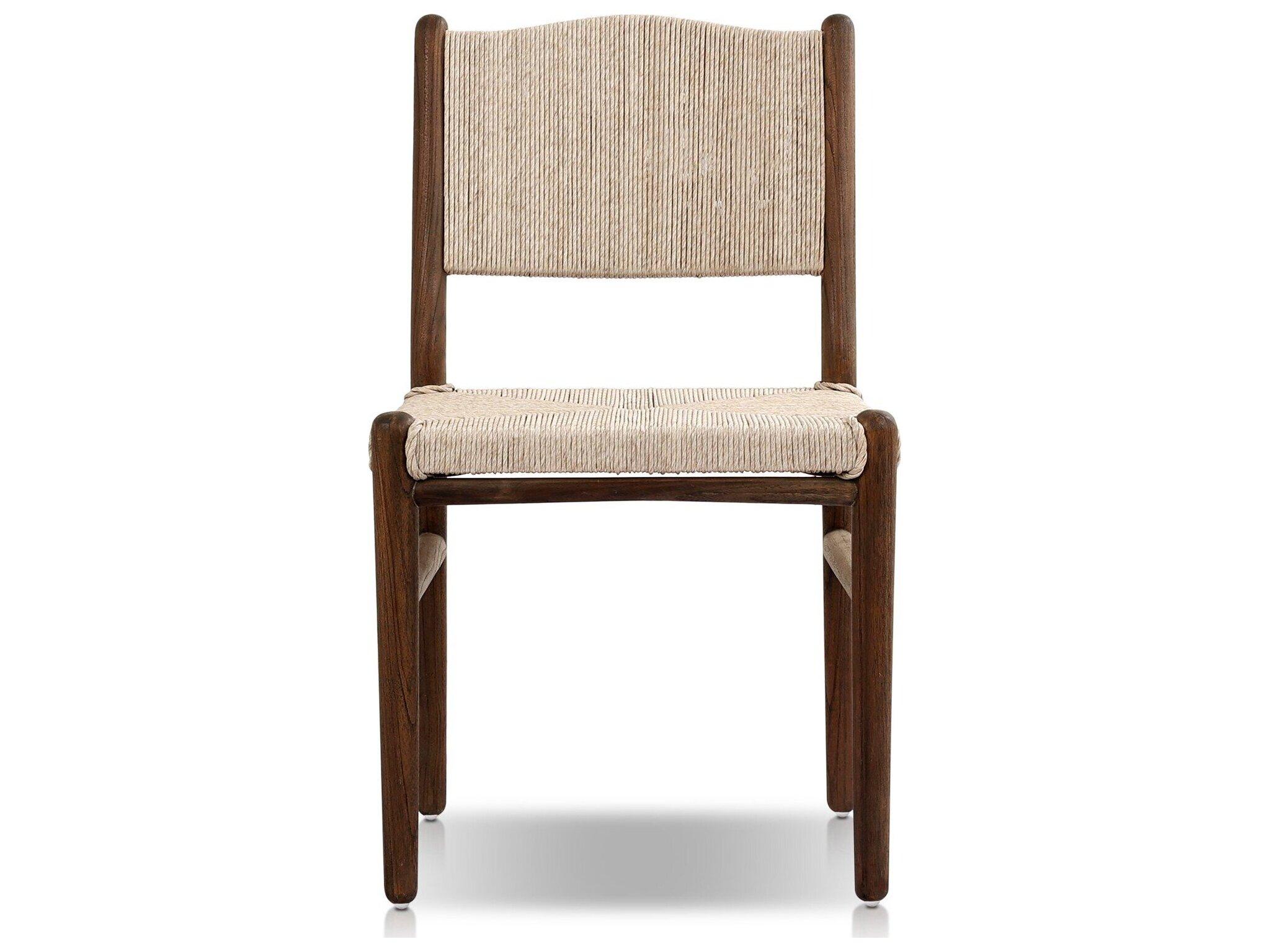 Four Hands Outdoor Grass Roots Herrin Stained Saddle Brown Teak Dining Side Chair in Vintage White