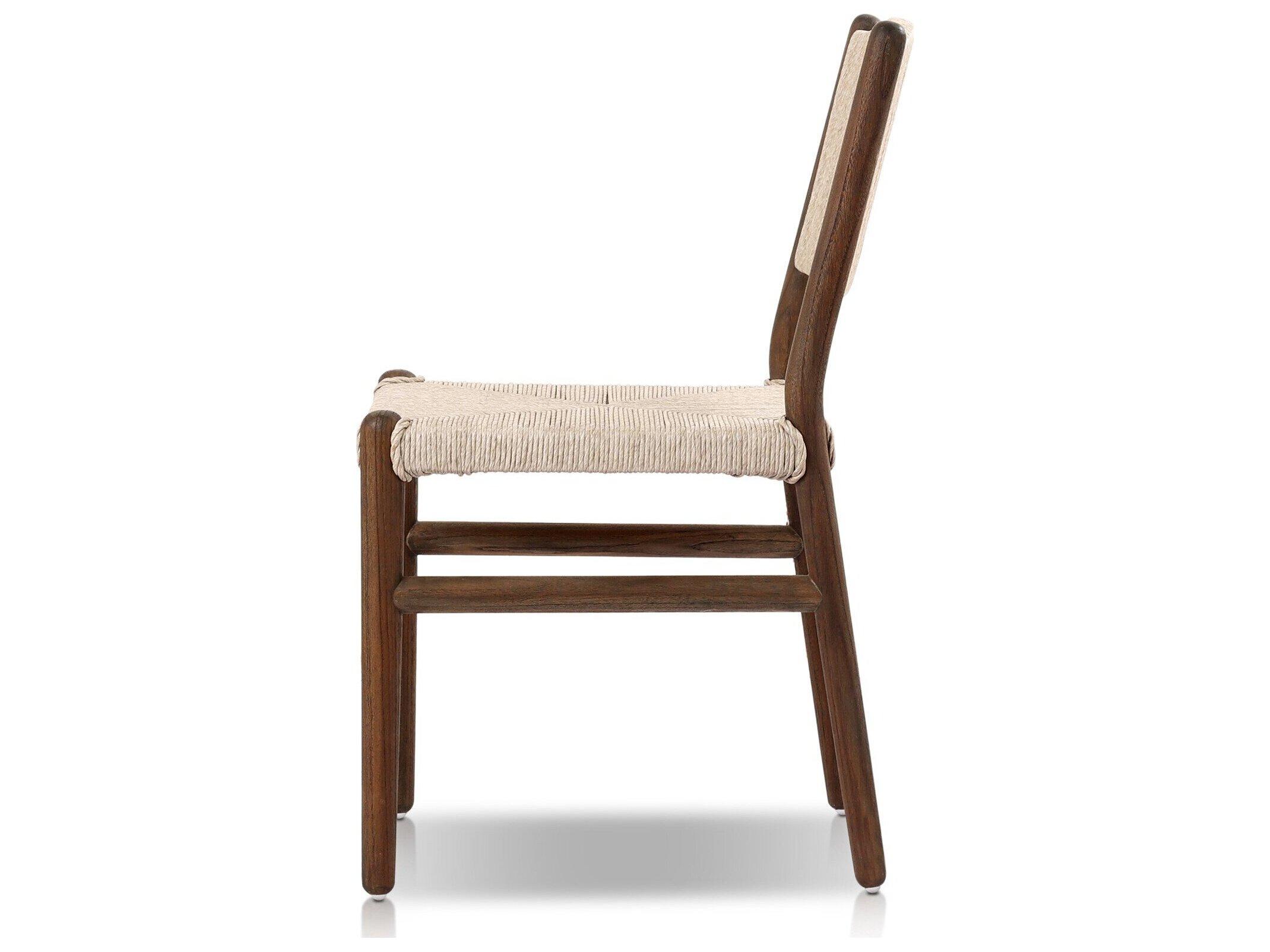 Four Hands Outdoor Grass Roots Herrin Stained Saddle Brown Teak Dining Side Chair in Vintage White