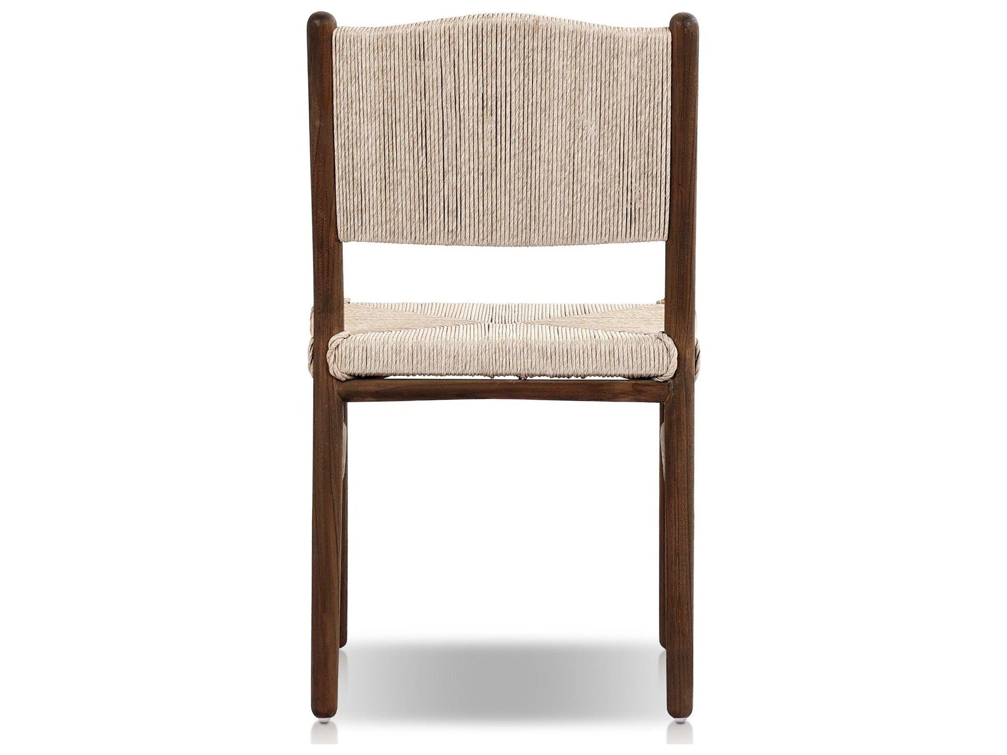 Four Hands Outdoor Grass Roots Herrin Stained Saddle Brown Teak Dining Side Chair in Vintage White