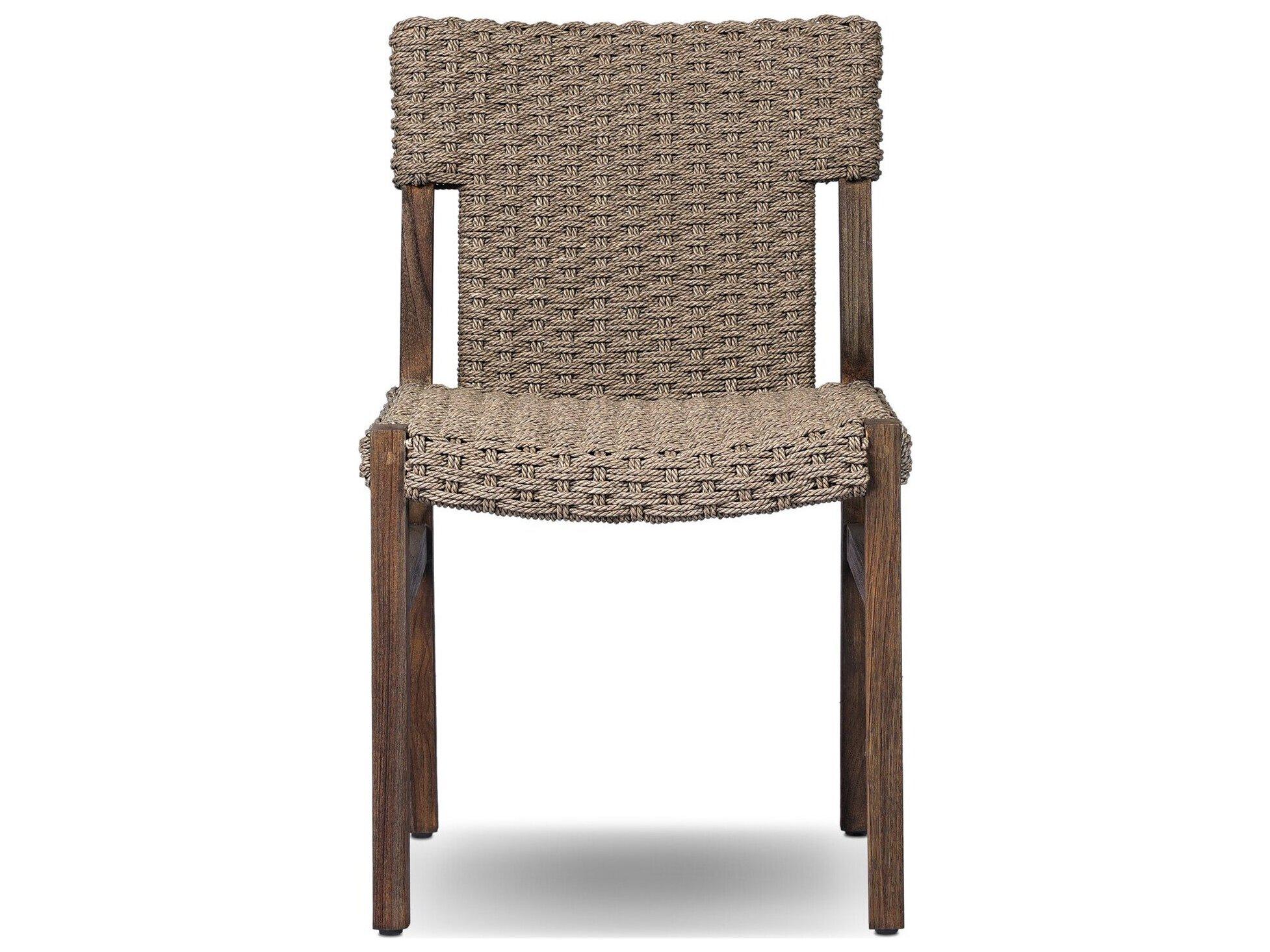 Four Hands Outdoor Solano Cromwell Saddle Brown Teak Dining Side Chair in Dark Textured Woven