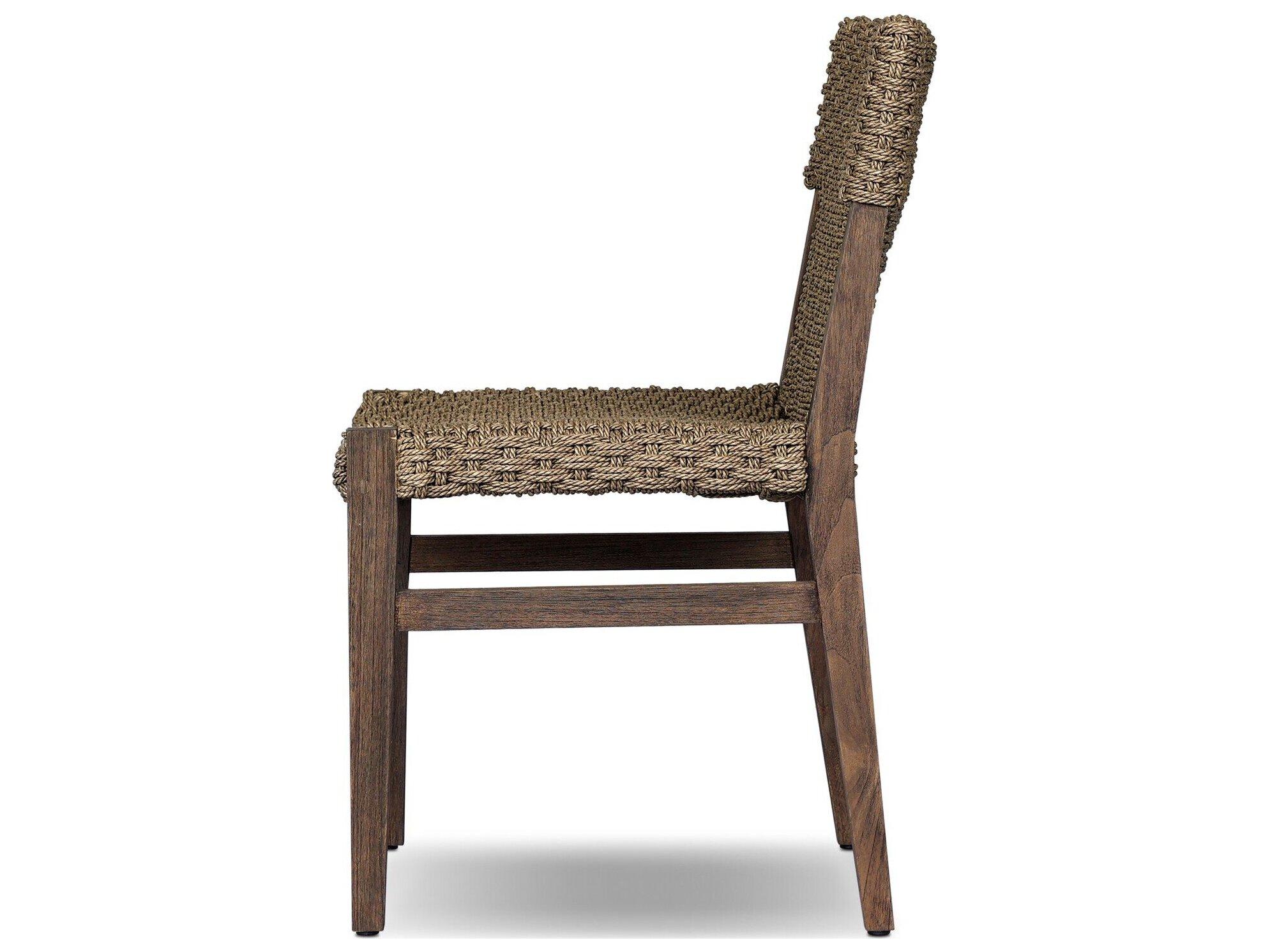 Four Hands Outdoor Solano Cromwell Saddle Brown Teak Dining Side Chair in Dark Textured Woven