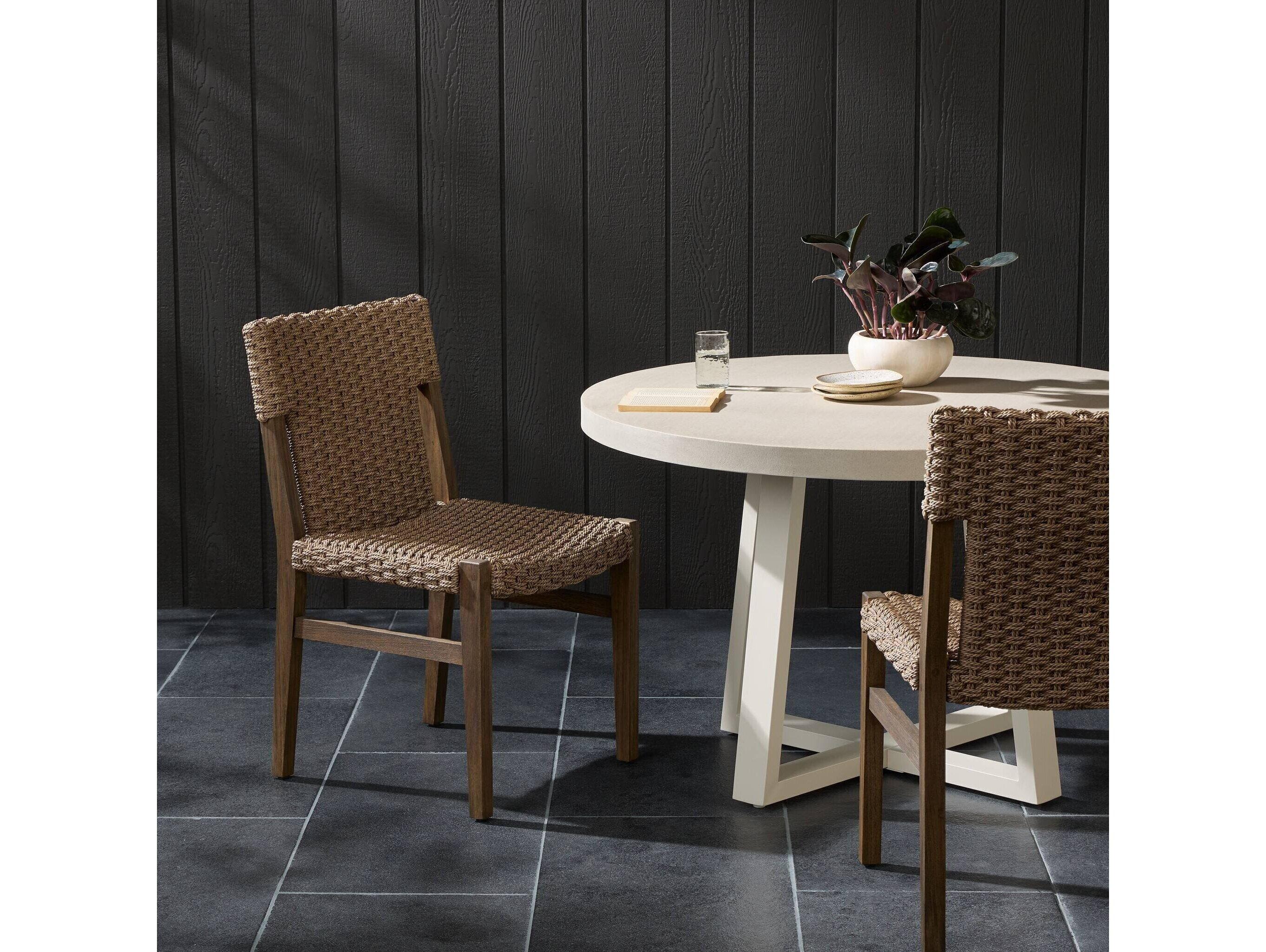 Four Hands Outdoor Solano Cromwell Saddle Brown Teak Dining Side Chair in Dark Textured Woven