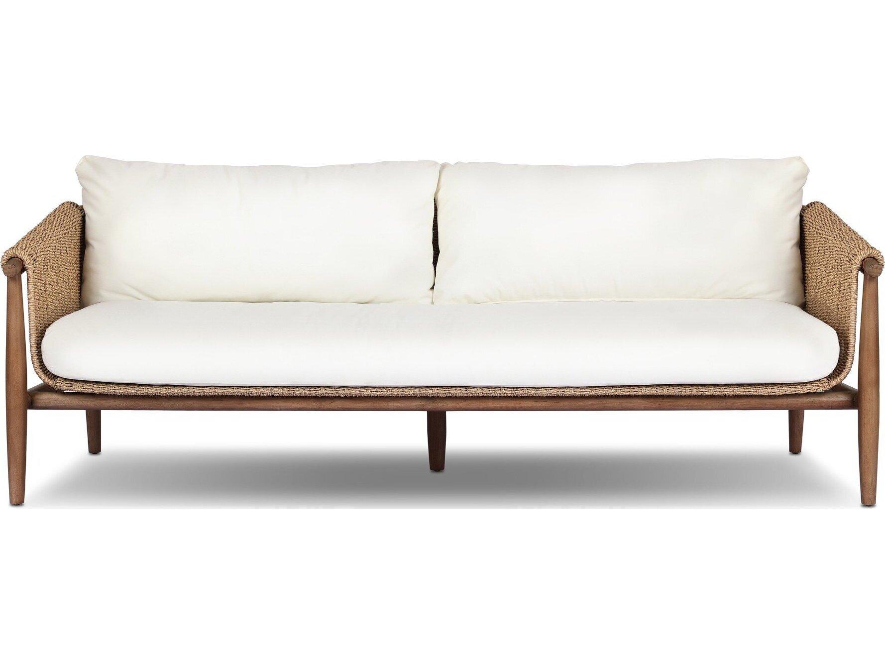 Four Hands Outdoor Grass Roots Cambrie Teak Wicker Cushion Sofa in Arashi Salt