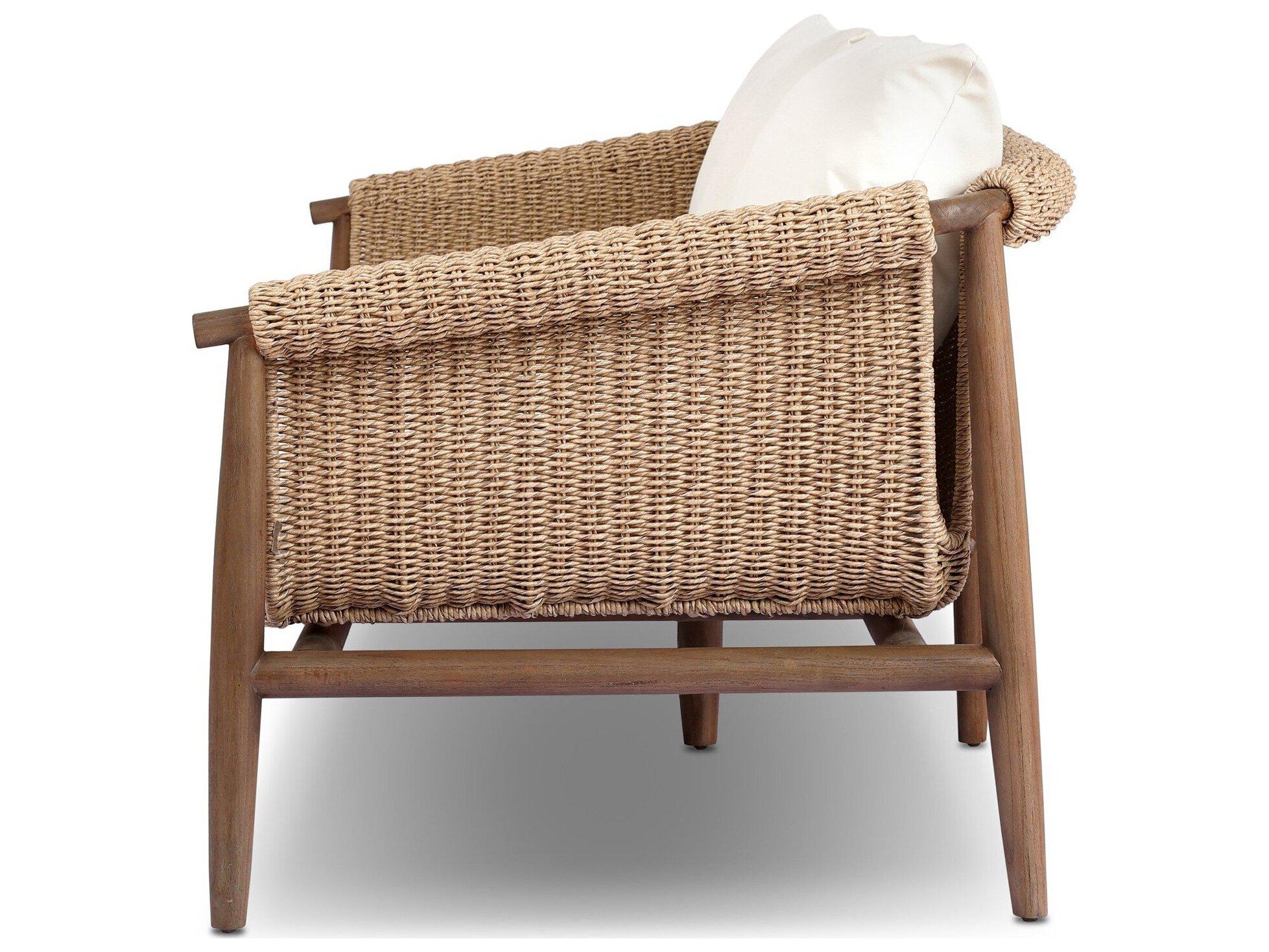 Four Hands Outdoor Grass Roots Cambrie Teak Wicker Cushion Sofa in Arashi Salt