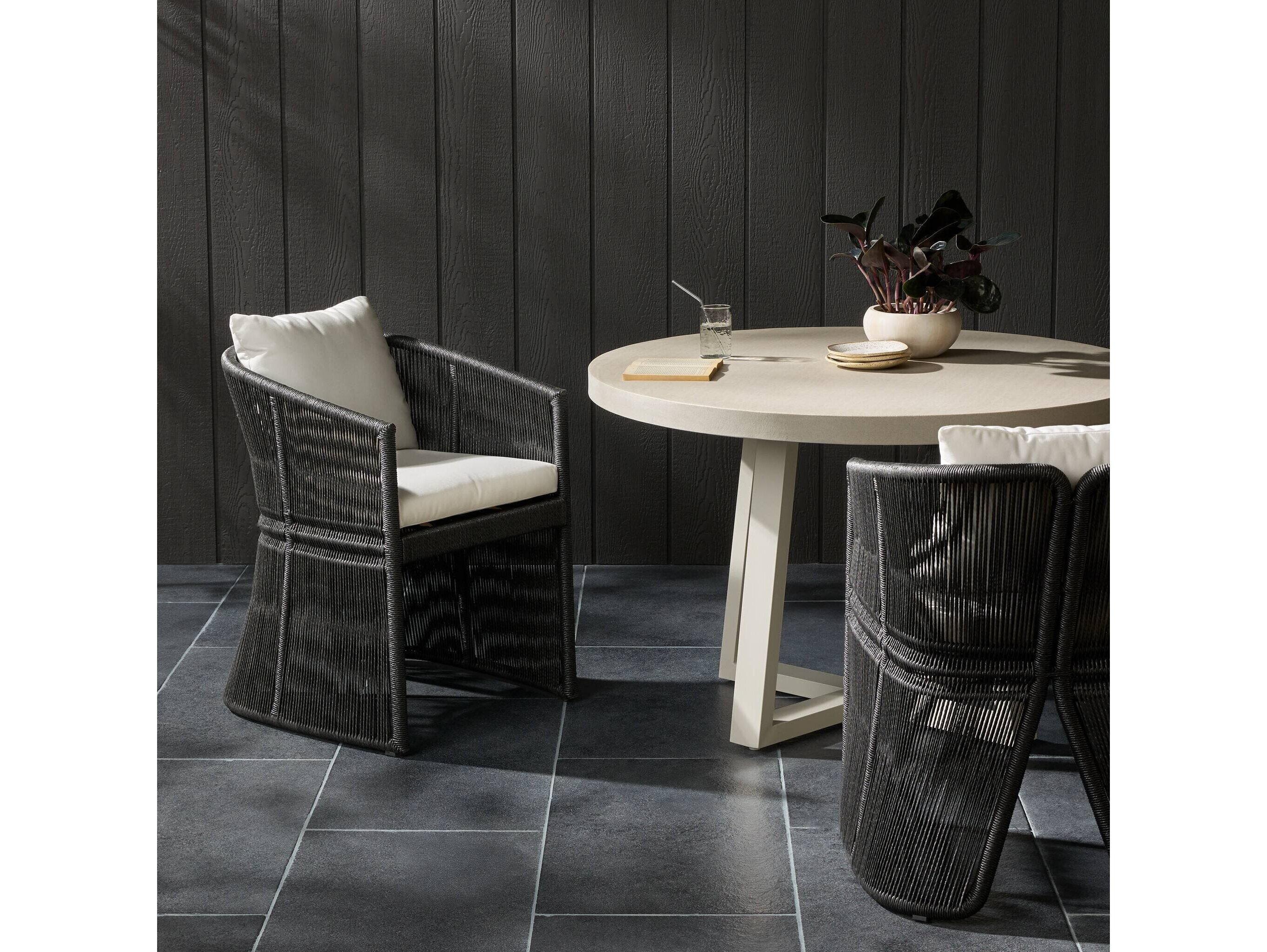 Four Hands Outdoor Solano Mondira Faux Black Hyacinth Cushion Dining Arm Chair in Arashi Salt