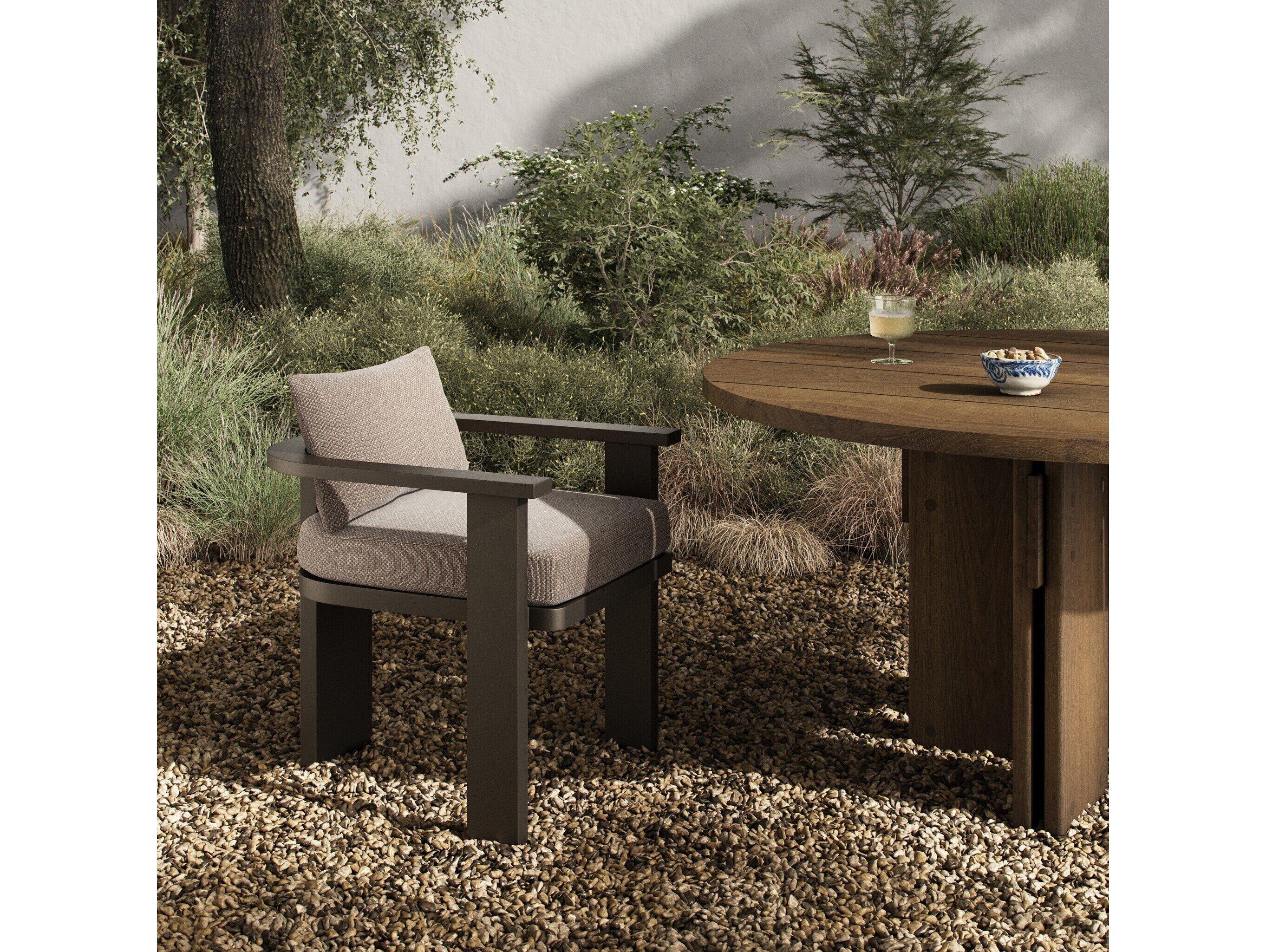 Four Hands Outdoor Solano Tahana Bronze Aluminum Cushion Dining Arm Chair in Casa Grey