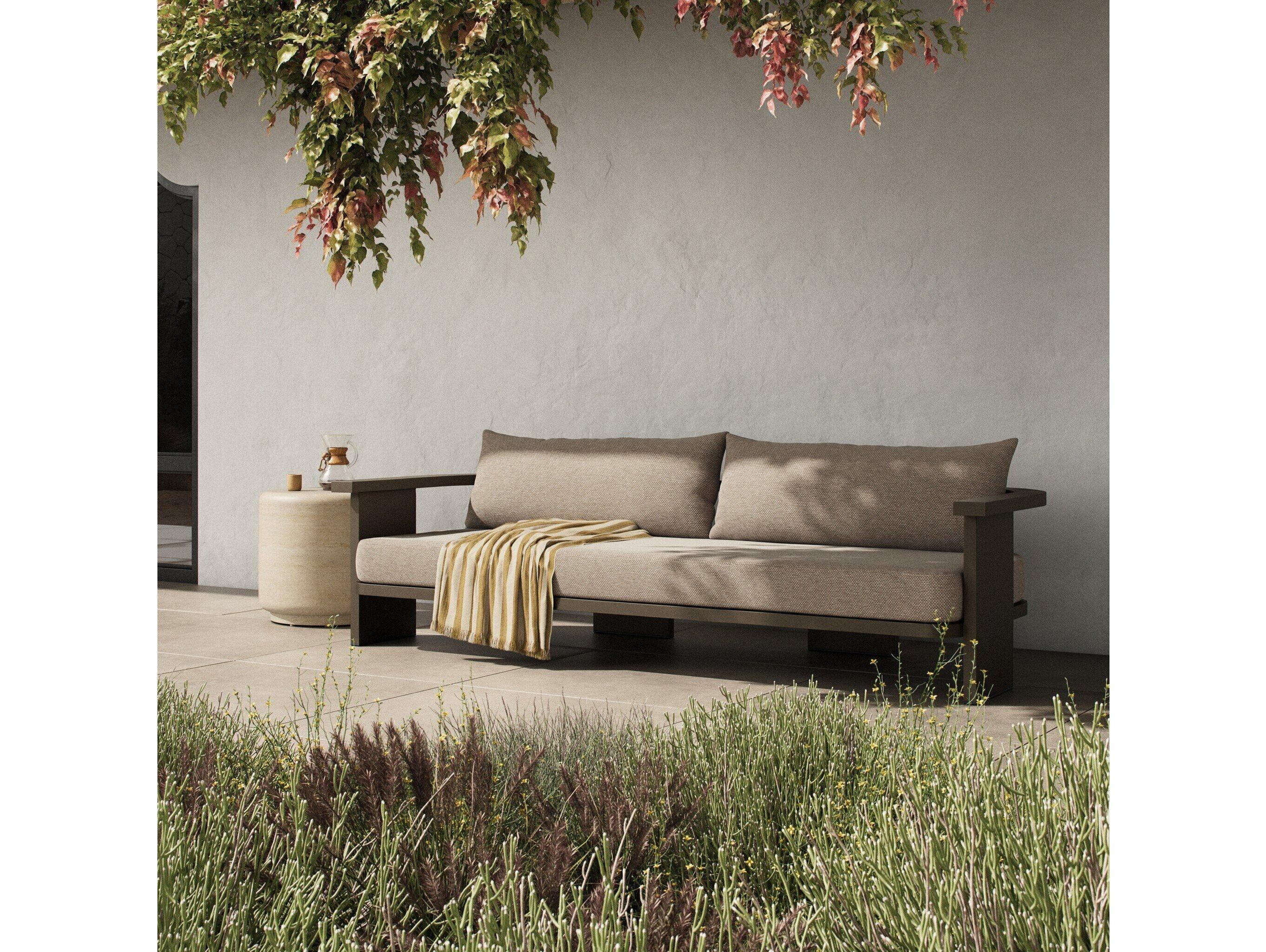 Four Hands Outdoor Solano Tahana Bronze Aluminum Cushion 96" Sofa in Casa Grey