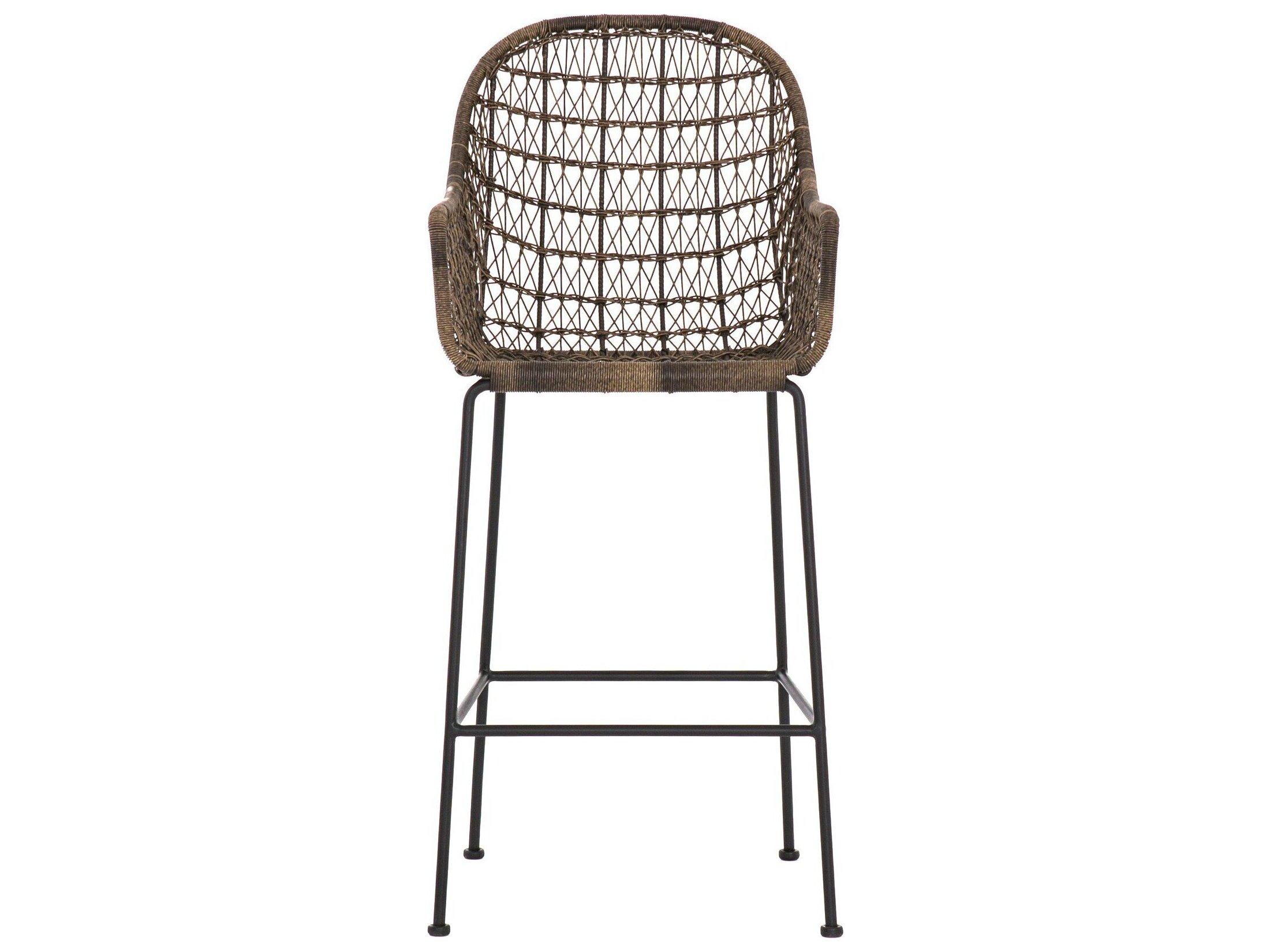 Four Hands Outdoor Grass Roots Natural Black / Distressed Grey Wrought Iron Wicker Bar Stool