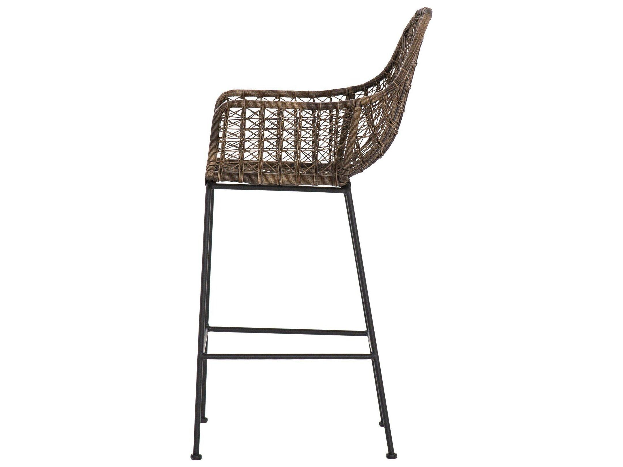 Four Hands Outdoor Grass Roots Natural Black / Distressed Grey Wrought Iron Wicker Bar Stool