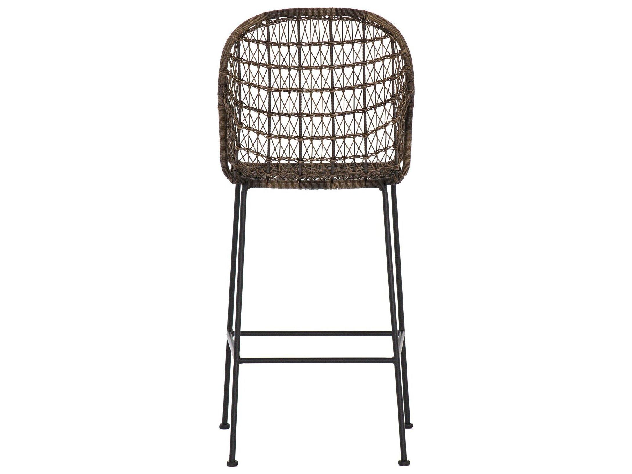 Four Hands Outdoor Grass Roots Natural Black / Distressed Grey Wrought Iron Wicker Bar Stool