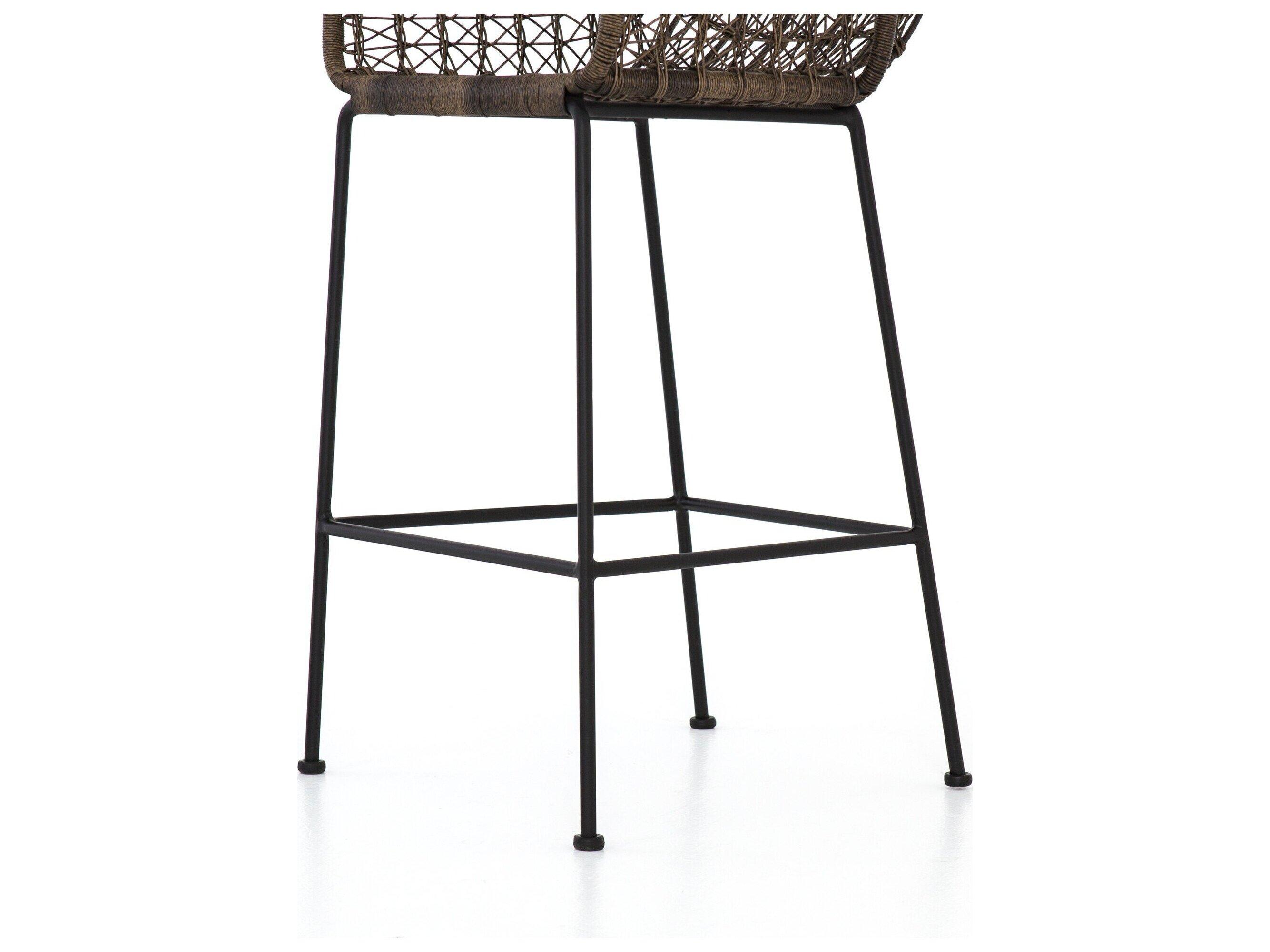 Four Hands Outdoor Grass Roots Natural Black / Distressed Grey Wrought Iron Wicker Bar Stool