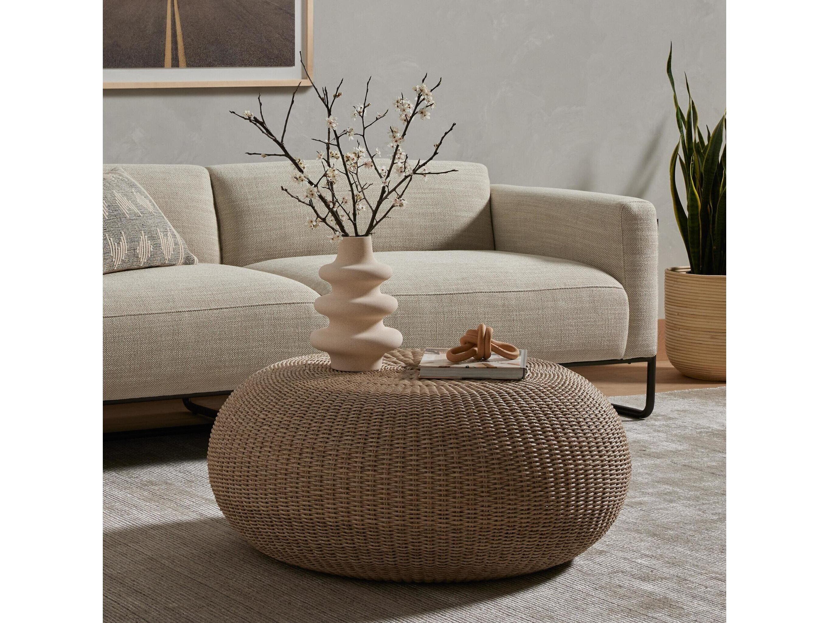 Four Hands Outdoor Grass Roots Vintage White Wicker Round Coffee Table