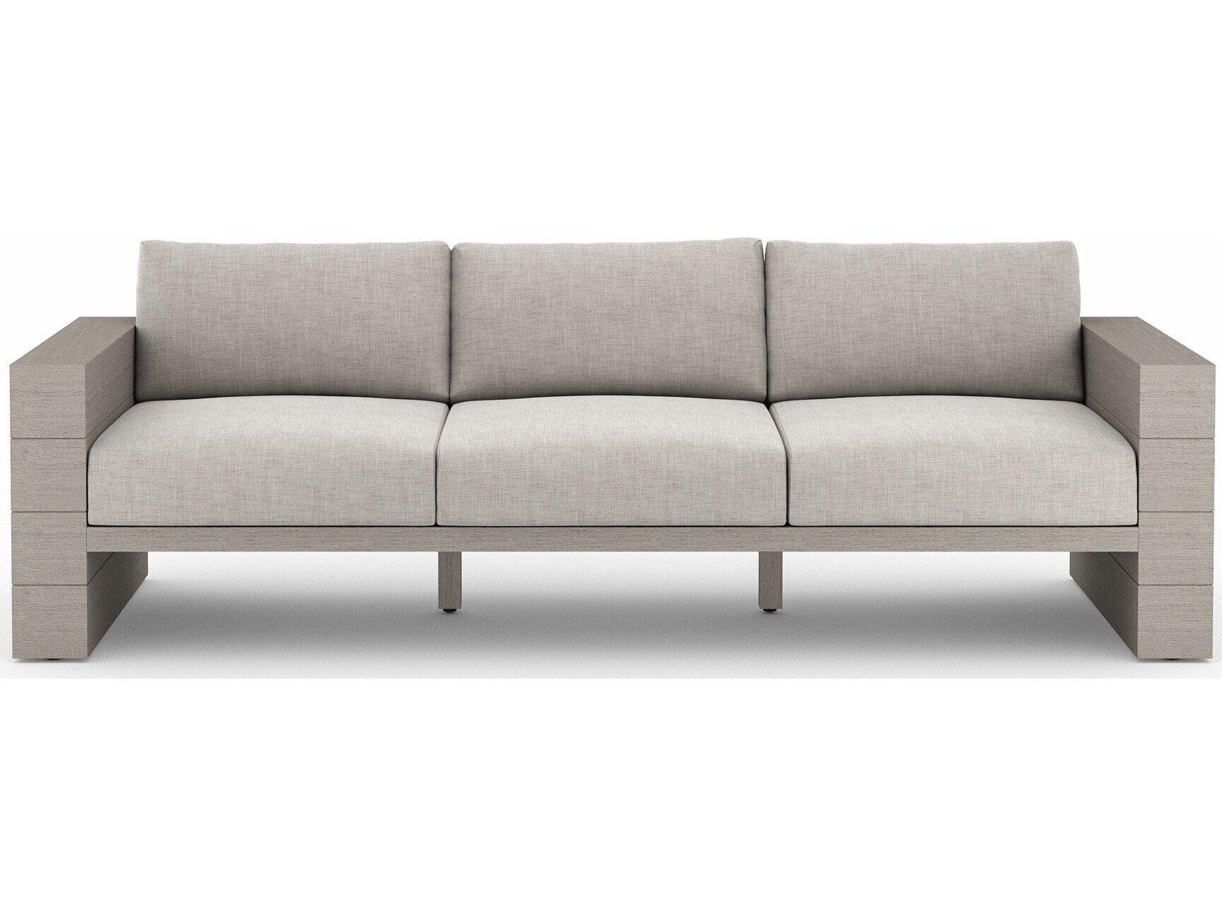 Four Hands Outdoor Grass Roots Leroy Weathered Teak Cushion Sofa in Stone Grey