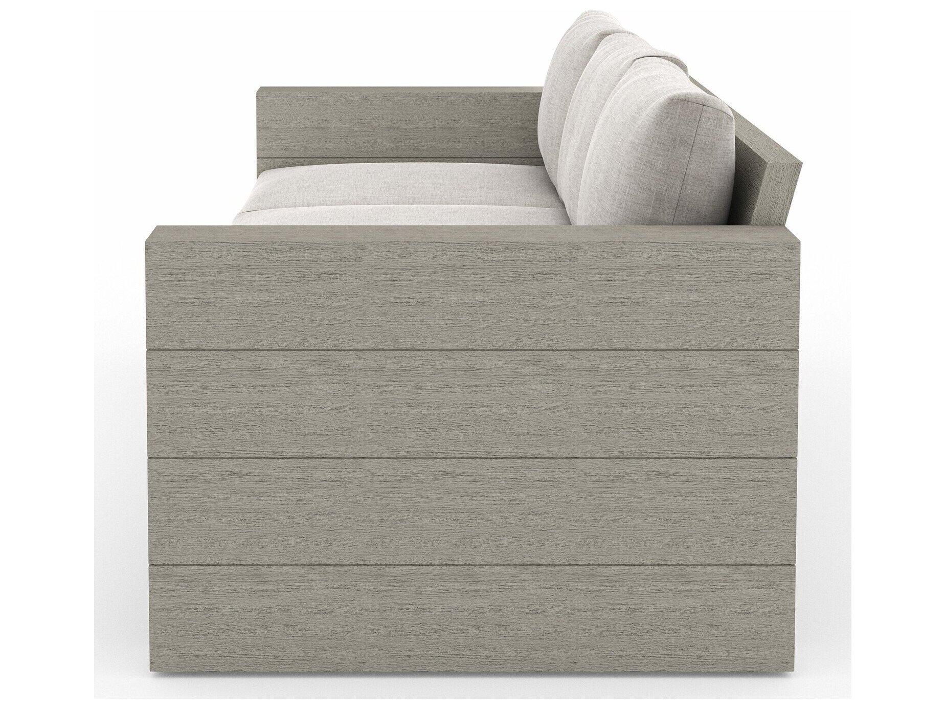 Four Hands Outdoor Grass Roots Leroy Weathered Teak Cushion Sofa in Stone Grey