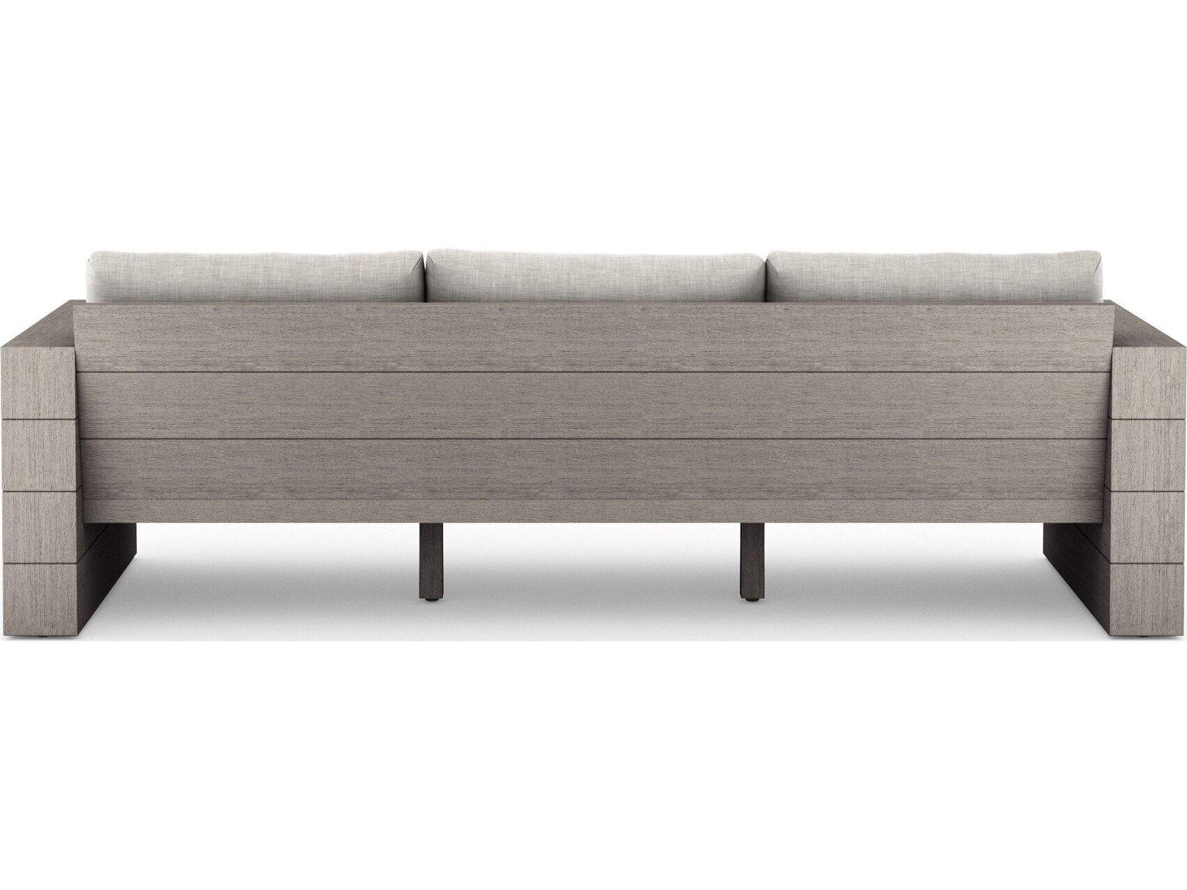 Four Hands Outdoor Grass Roots Leroy Weathered Teak Cushion Sofa in Stone Grey