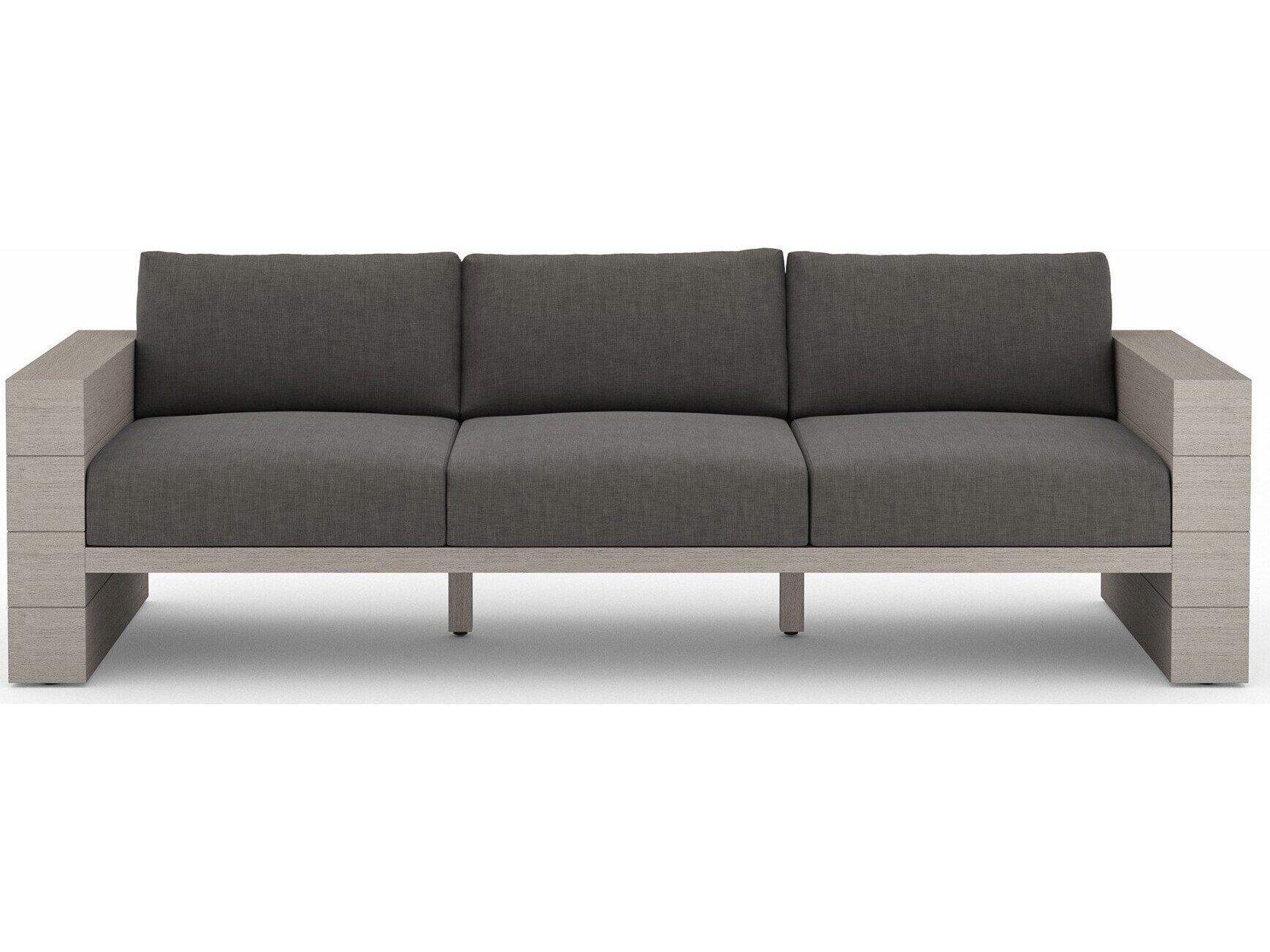 Four Hands Outdoor Grass Roots Weathered Grey Teak Sofa with Charcoal Cushion