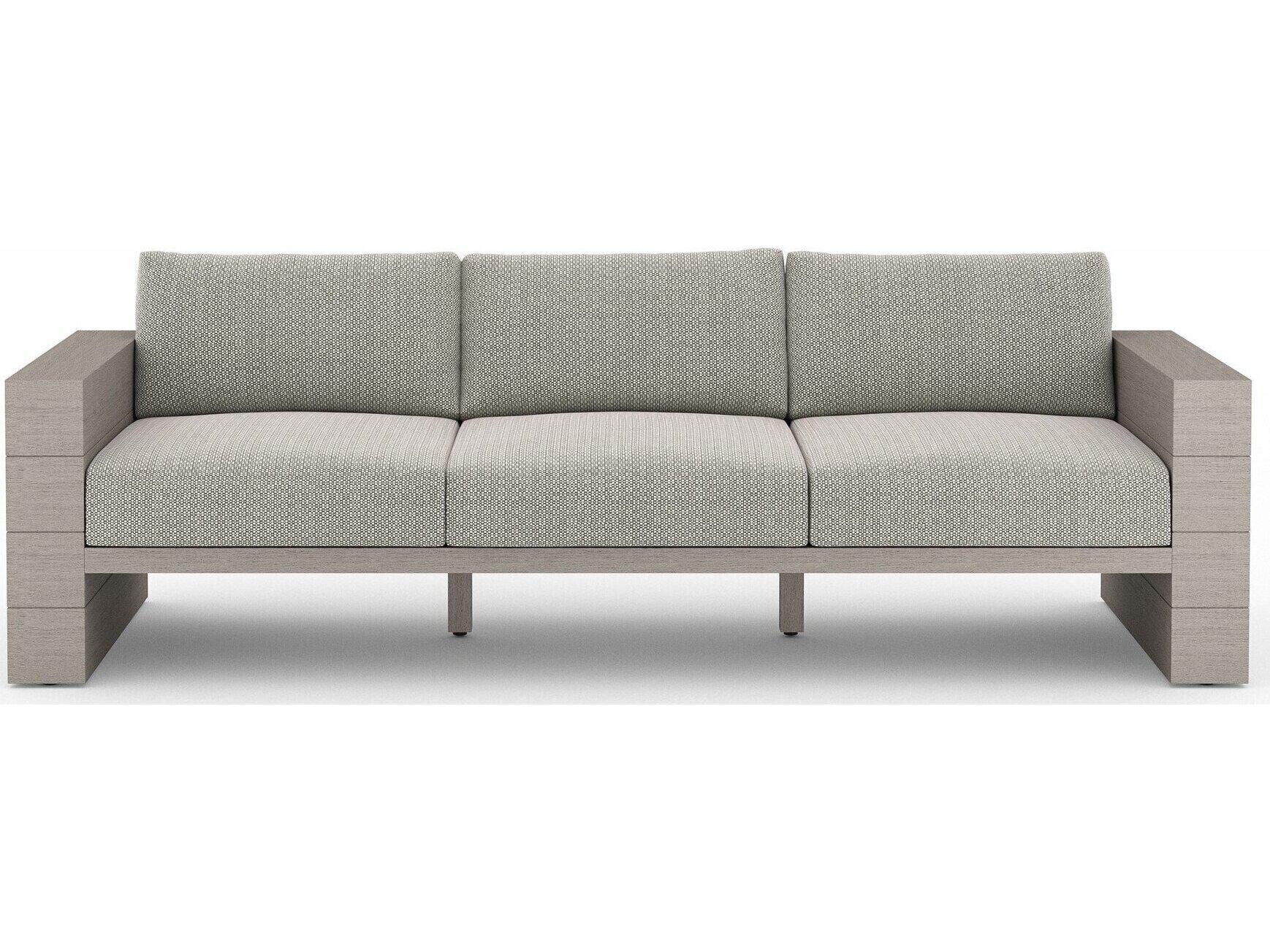 Four Hands Outdoor Grass Roots Leroy Weathered Grey Teak Cushion Sofa in Faye Ash