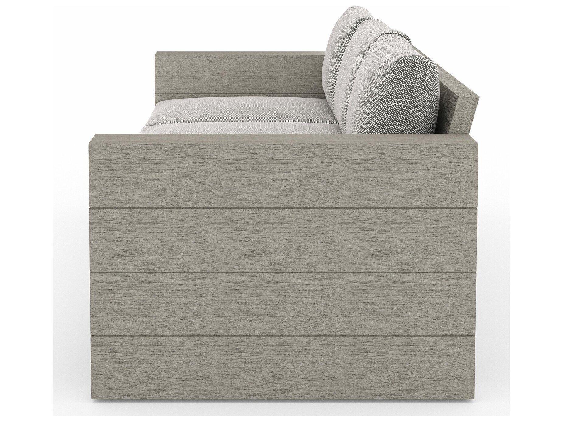 Four Hands Outdoor Grass Roots Leroy Weathered Grey Teak Cushion Sofa in Faye Ash