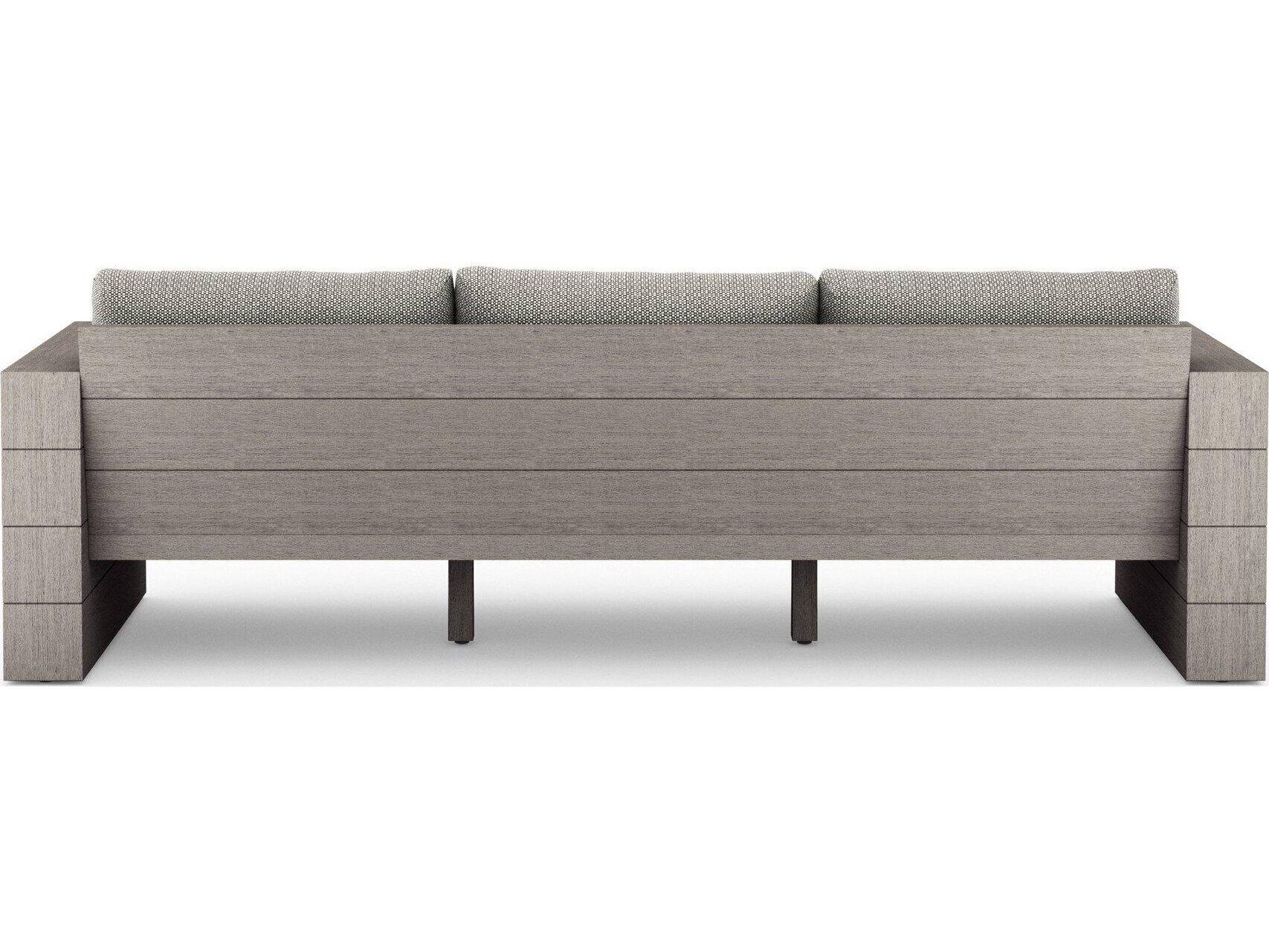 Four Hands Outdoor Grass Roots Leroy Weathered Grey Teak Cushion Sofa in Faye Ash