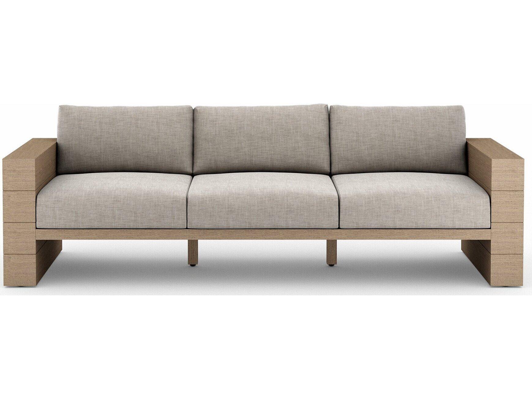 Four Hands Outdoor Grass Roots Leroy Washed Brown Teak Cushion Sofa in Stone Grey