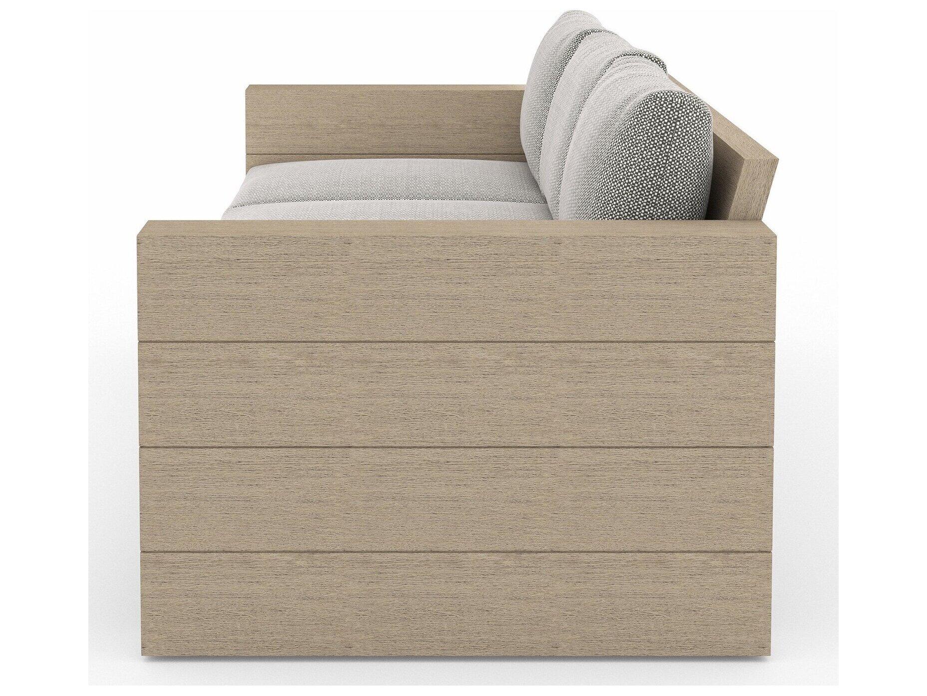 Four Hands Outdoor Grass Roots Leroy Washed Brown Teak Cushion Sofa in Fay Ash