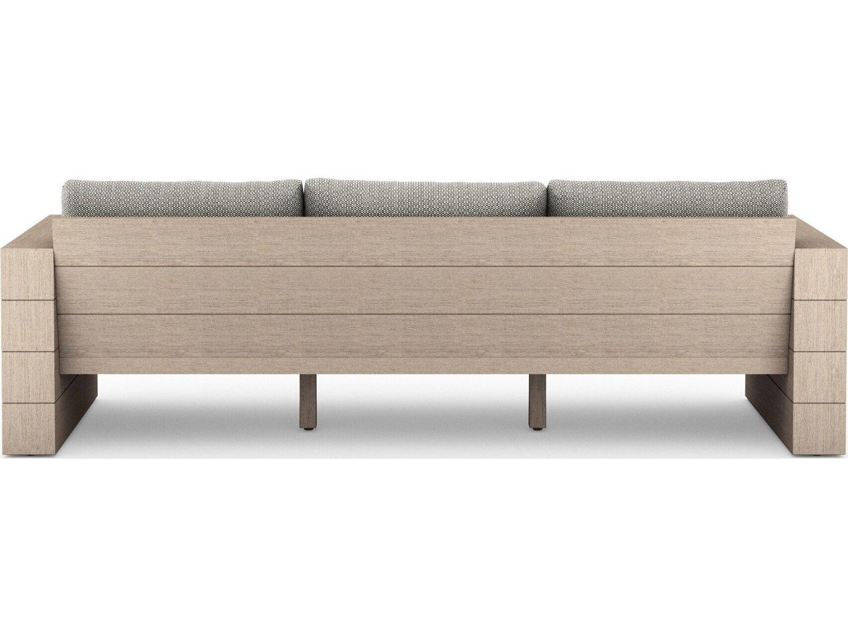 Four Hands Outdoor Grass Roots Leroy Washed Brown Teak Cushion Sofa in Fay Ash