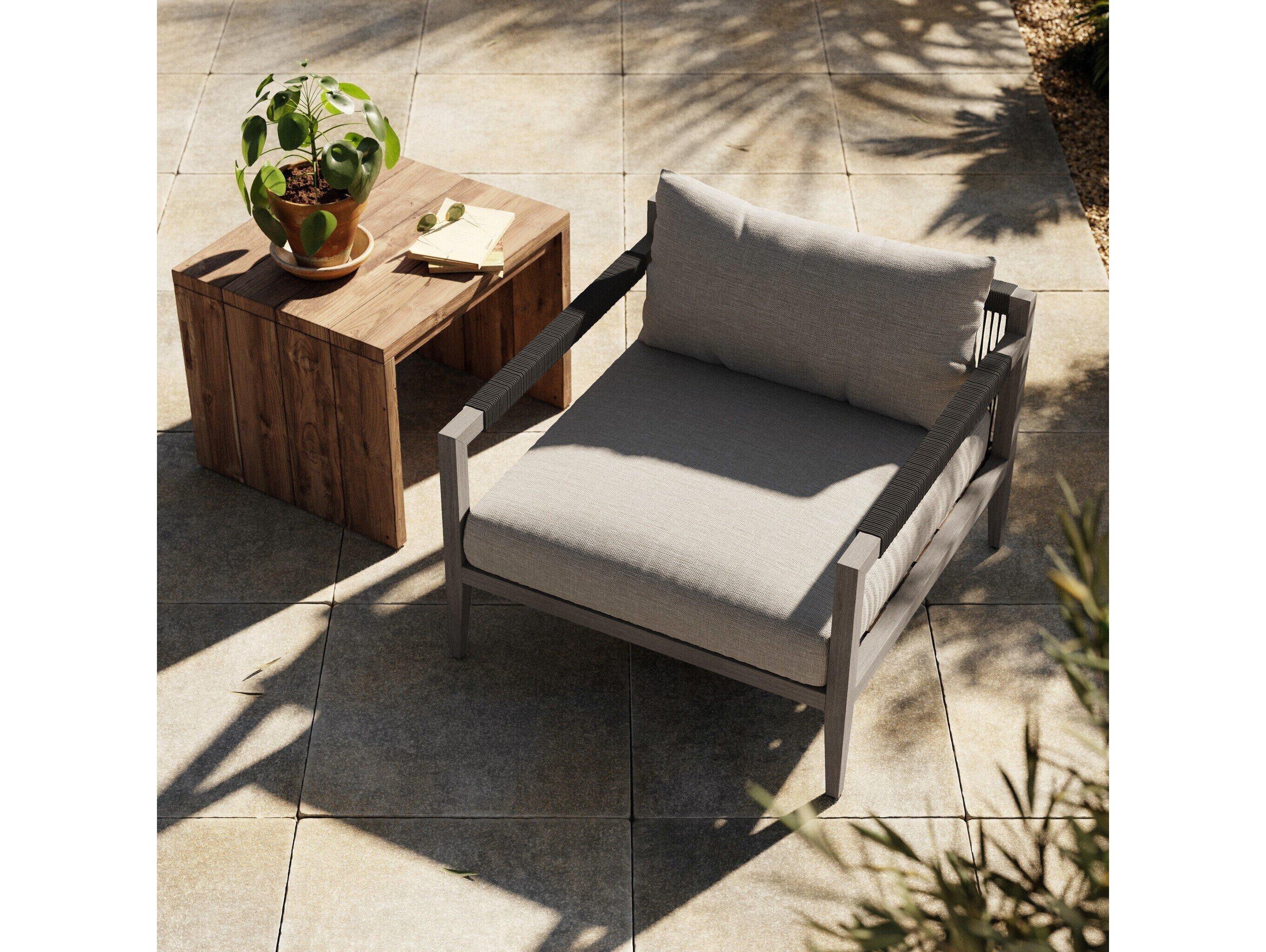Four Hands Outdoor Solano Sherwood Weathered Grey Teak Cushion Lounge Chair in Stone Grey
