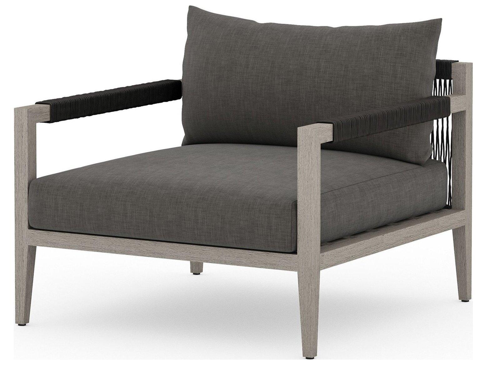Four Hands Outdoor Solano Sherwood Weathered Grey Teak Cushion Lounge Chair in Charcoal