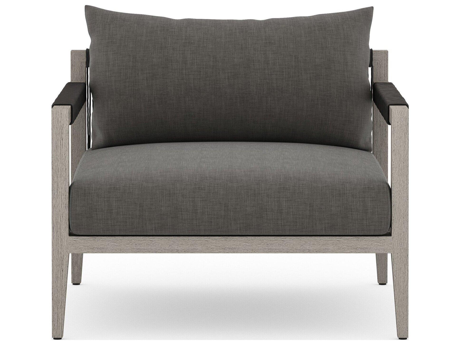 Four Hands Outdoor Solano Sherwood Weathered Grey Teak Cushion Lounge Chair in Charcoal