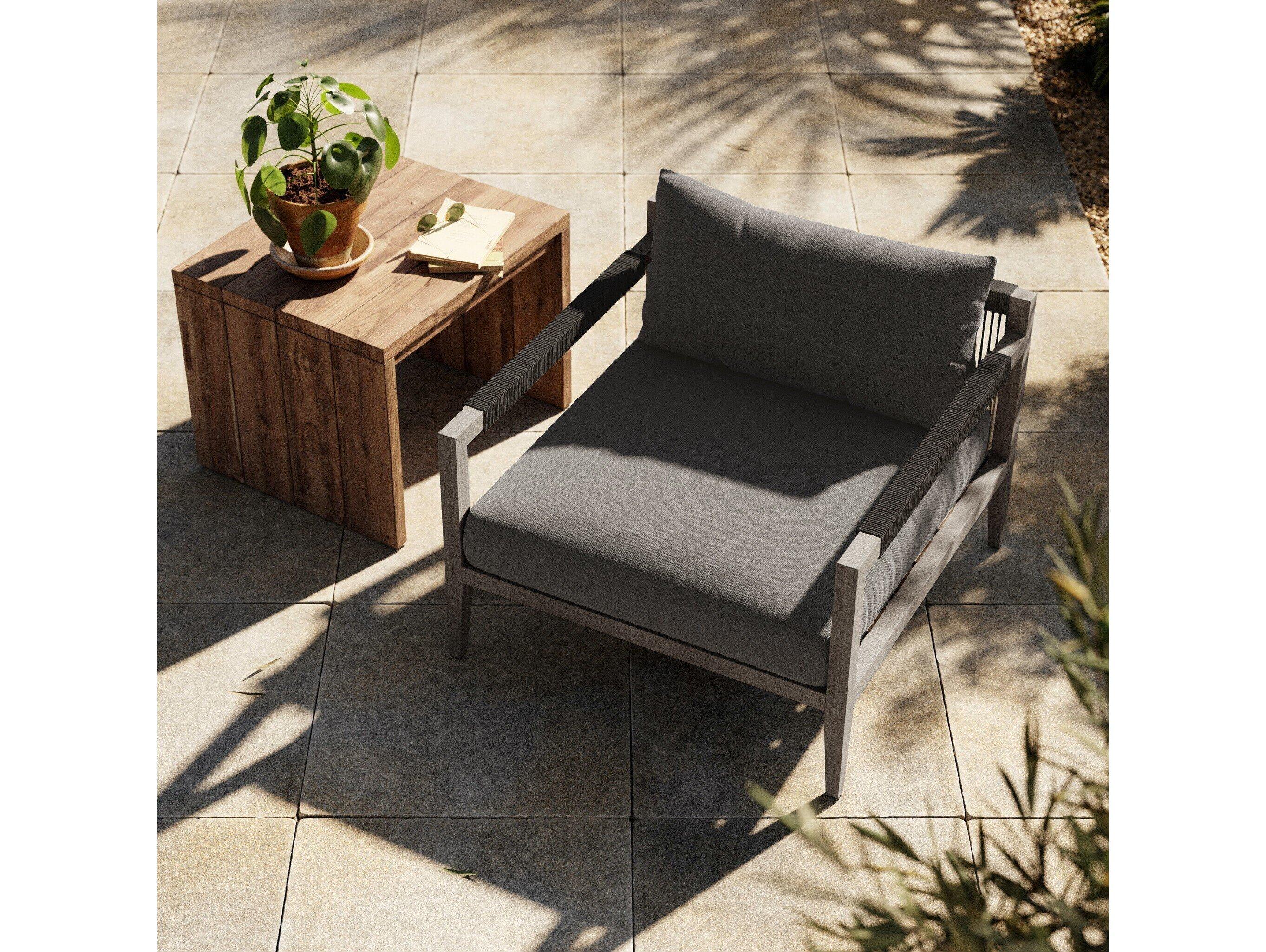 Four Hands Outdoor Solano Sherwood Weathered Grey Teak Cushion Lounge Chair in Charcoal