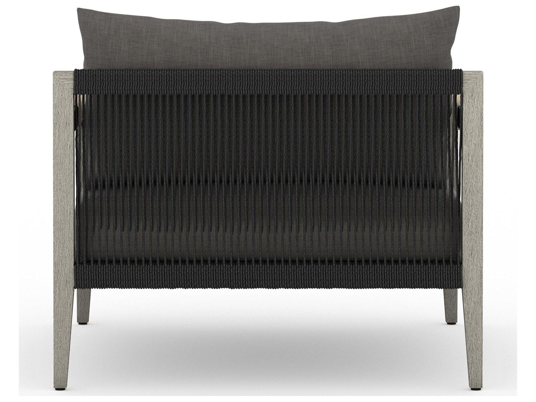 Four Hands Outdoor Solano Sherwood Weathered Grey Teak Cushion Lounge Chair in Charcoal