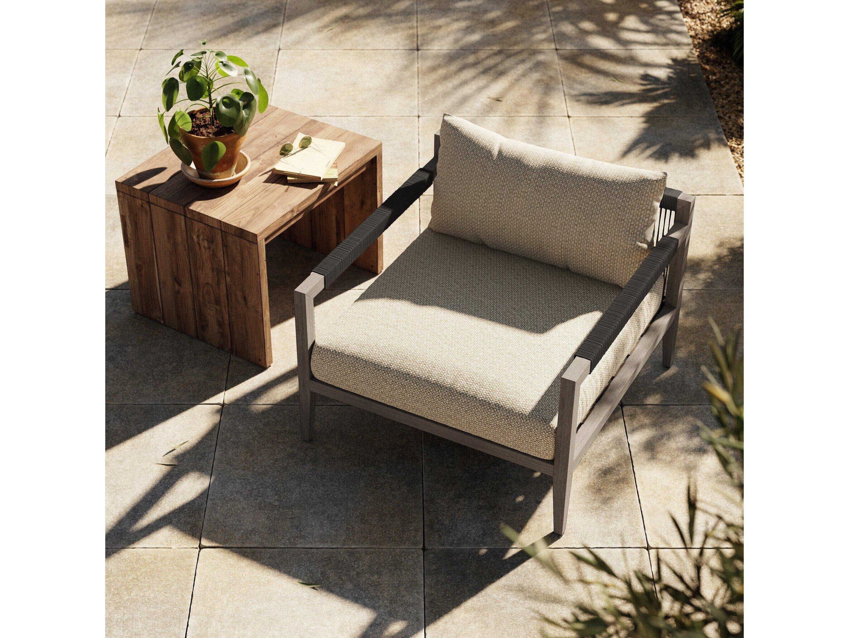 Four Hands Outdoor Solano Sherwood Weathered Grey Teak Cushion Lounge Chair in Faye Sand