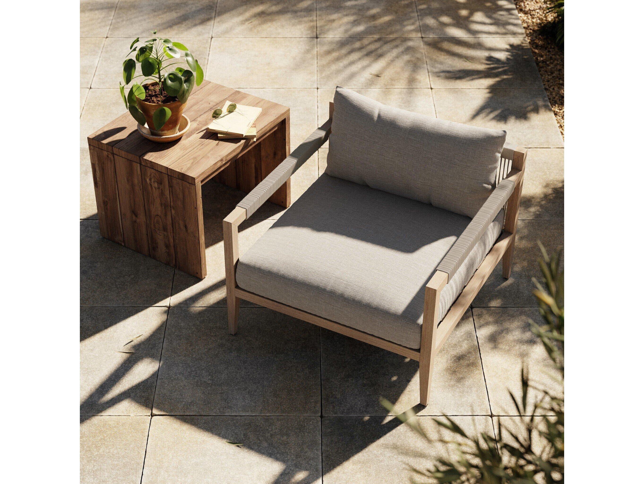Four Hands Outdoor Solano Sherwood Washed Brown Teak Cushion Lounge Chair in Stone Grey