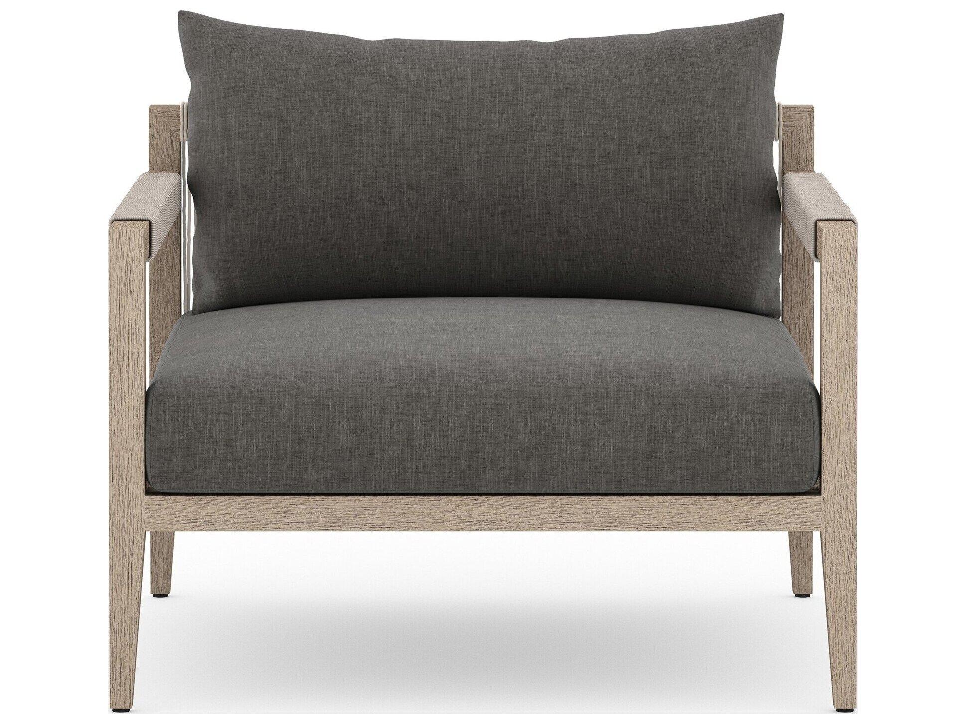 Four Hands Outdoor Solano Sherwood Washed Brown Teak Cushion Lounge Chair in Charcoal