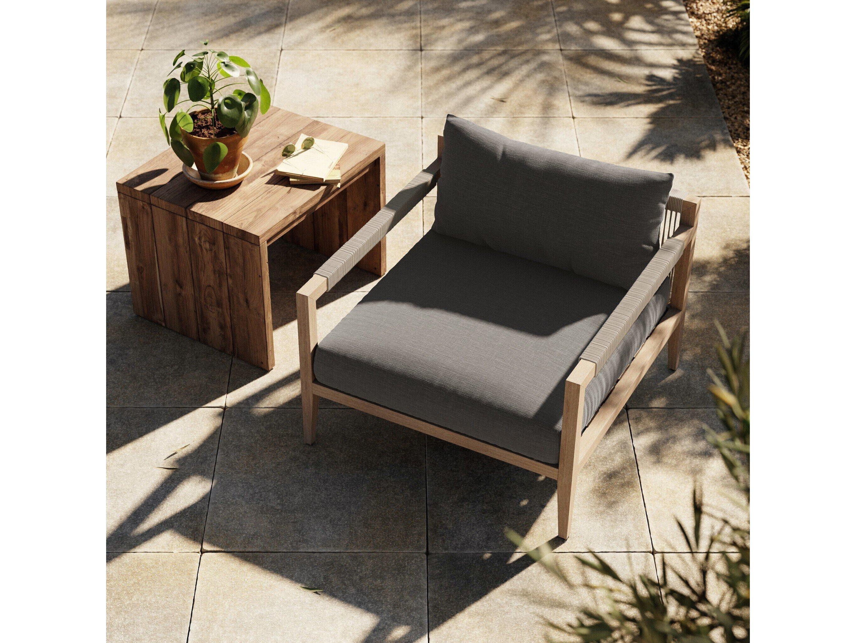 Four Hands Outdoor Solano Sherwood Washed Brown Teak Cushion Lounge Chair in Charcoal