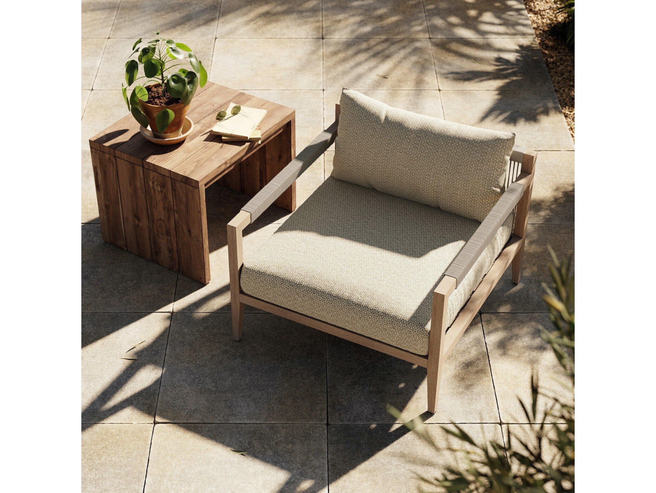 Four Hands Outdoor Solano Sherwood Washed Brown Teak Cushion Lounge Chair in Faye Sand